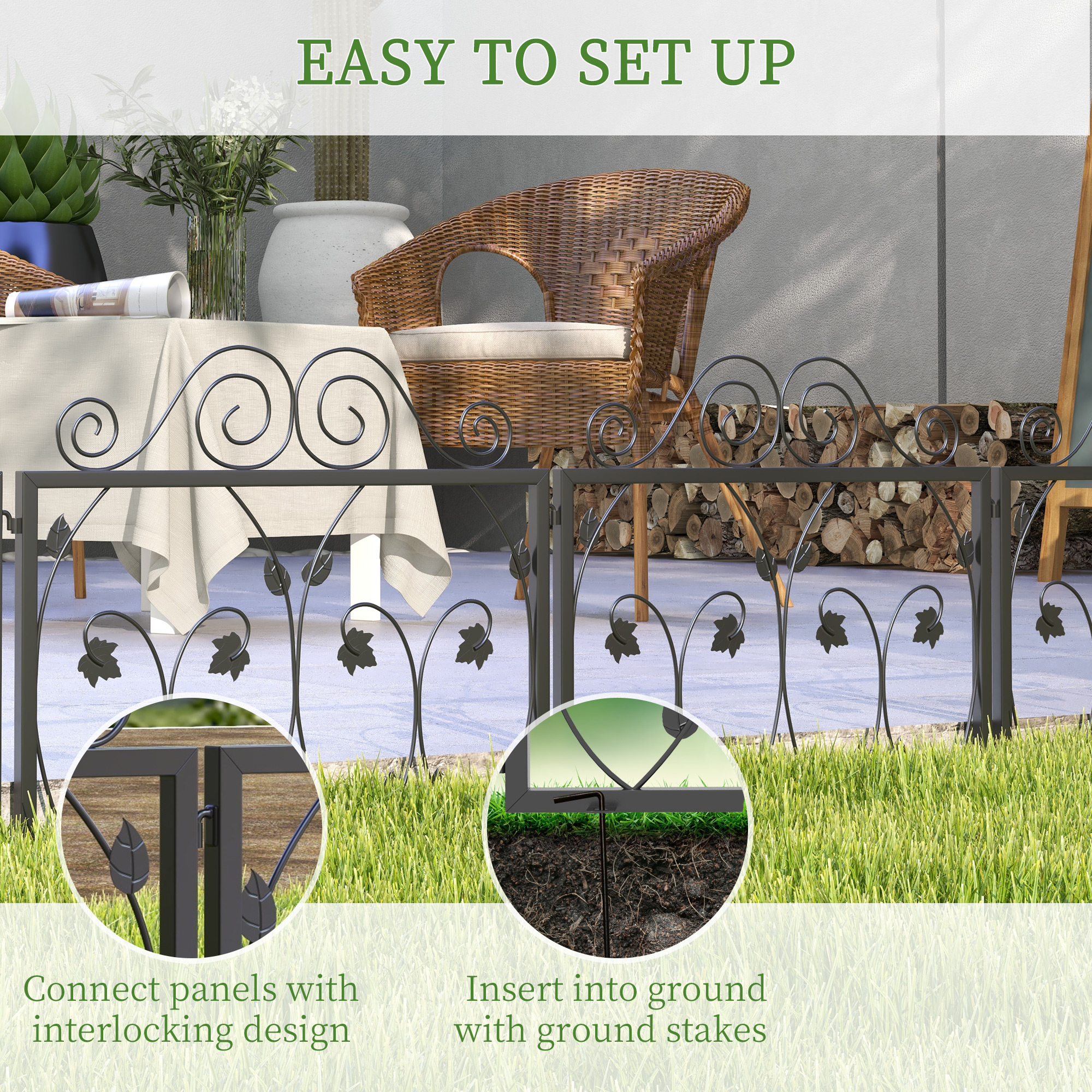 Outsunny Set of Four 57cm Leaf Scroll Metal Fence Panels Black 4