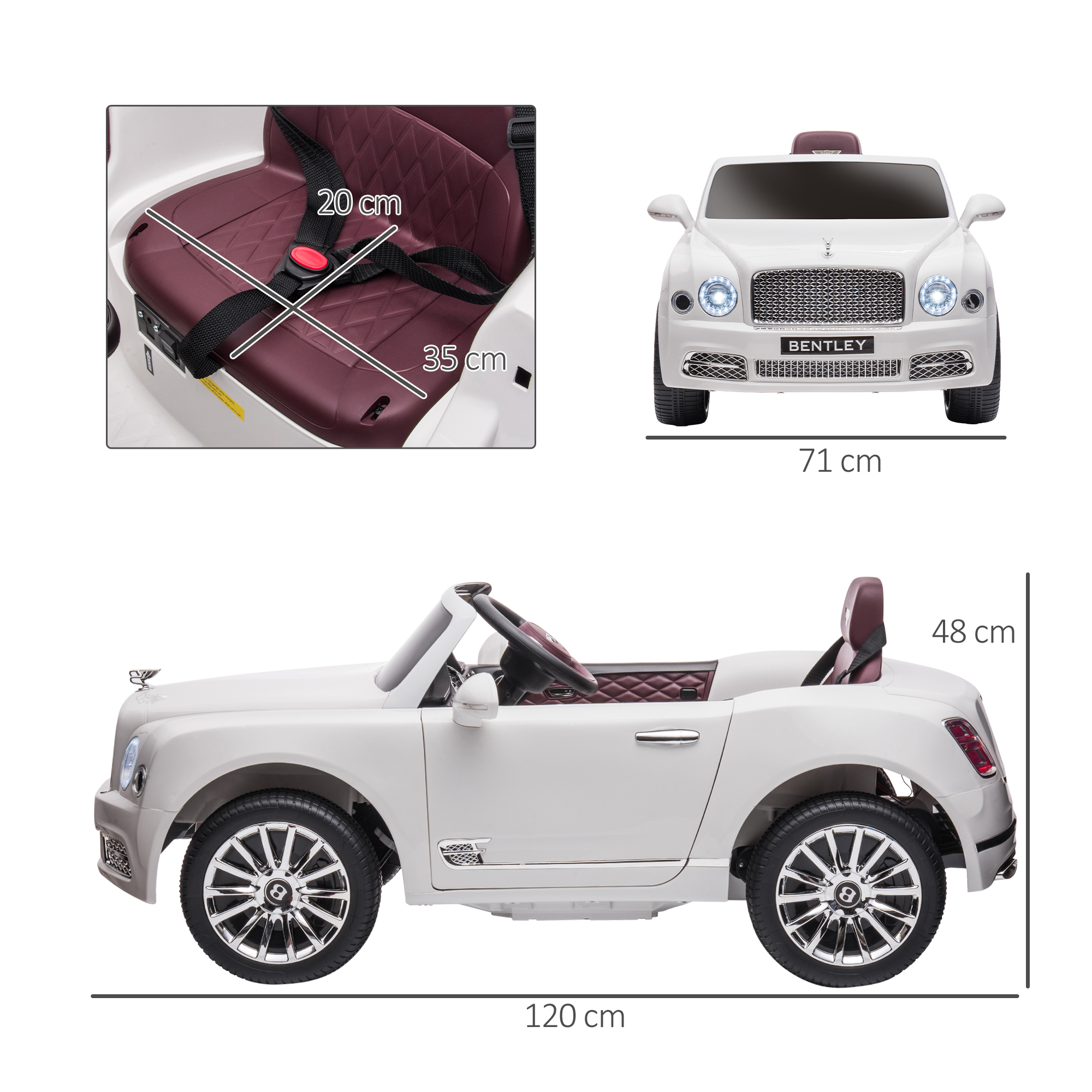 HOMCOM Bentley Mulsanne Licensed Kids Electric Ride-On Car, with Remote Control. LED lights, Music White 3