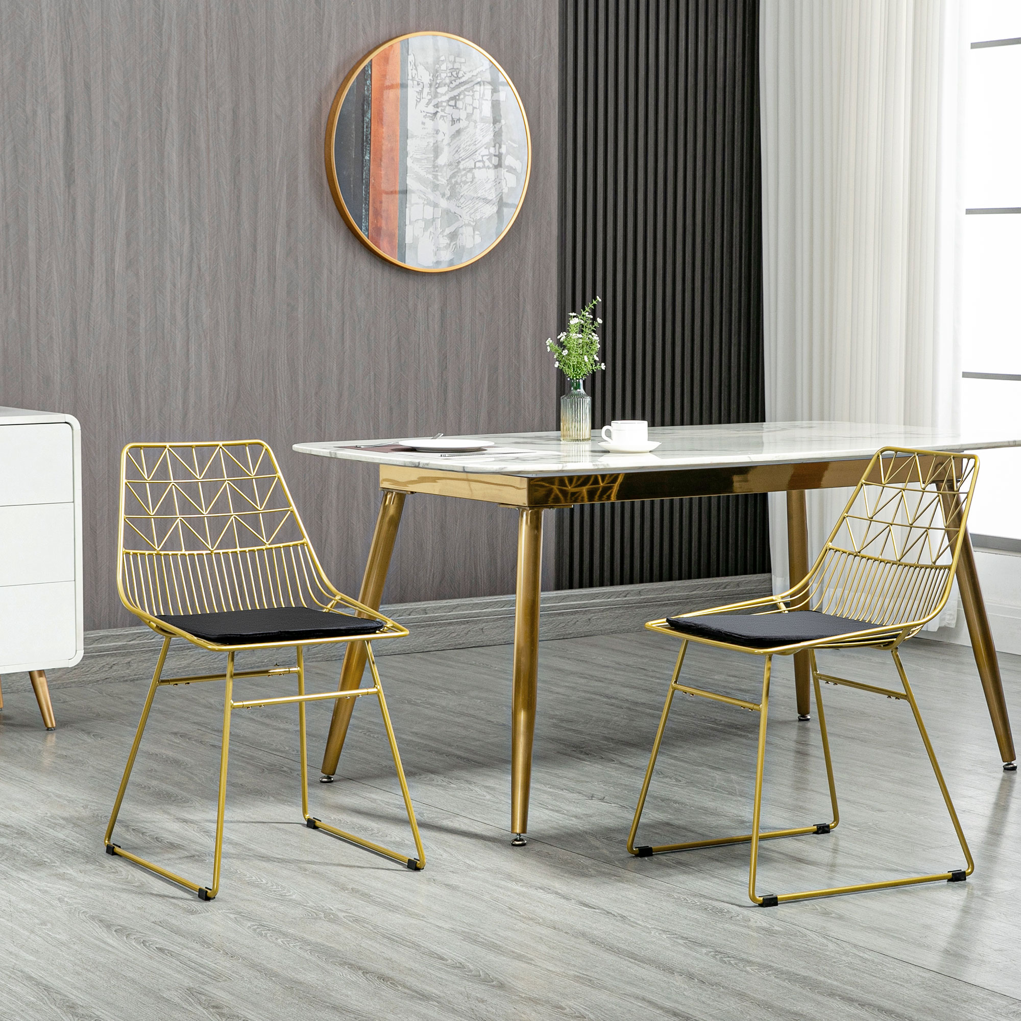HOMCOM Luxurious Dining Chairs Set of 2, Metal Wire Kitchen Chair with Removable Velvet-feel Cushion, Cut-out Back and Steel Frame for Dining Room, Gold Tone 2