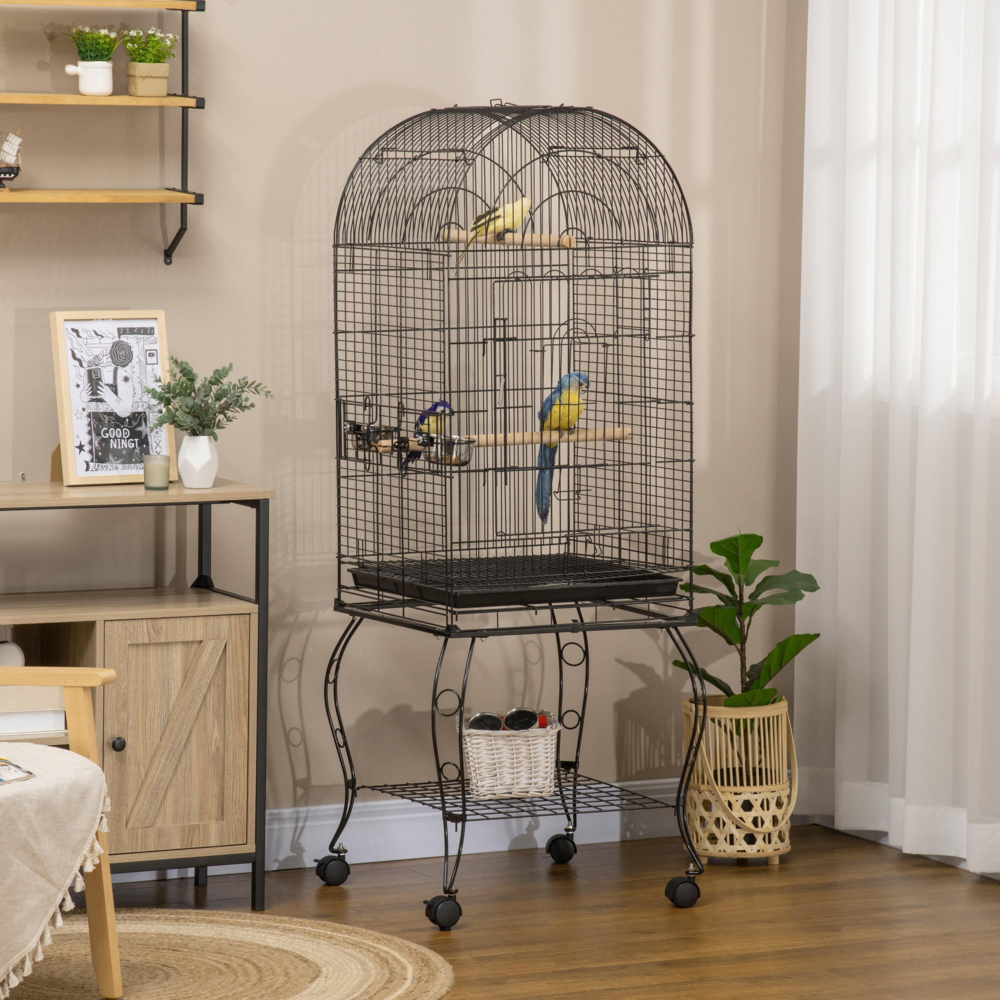 PawHut 1.53(m) Bird Cage, Pet Viary, Feeding Stand, with Wheels, Perch 2