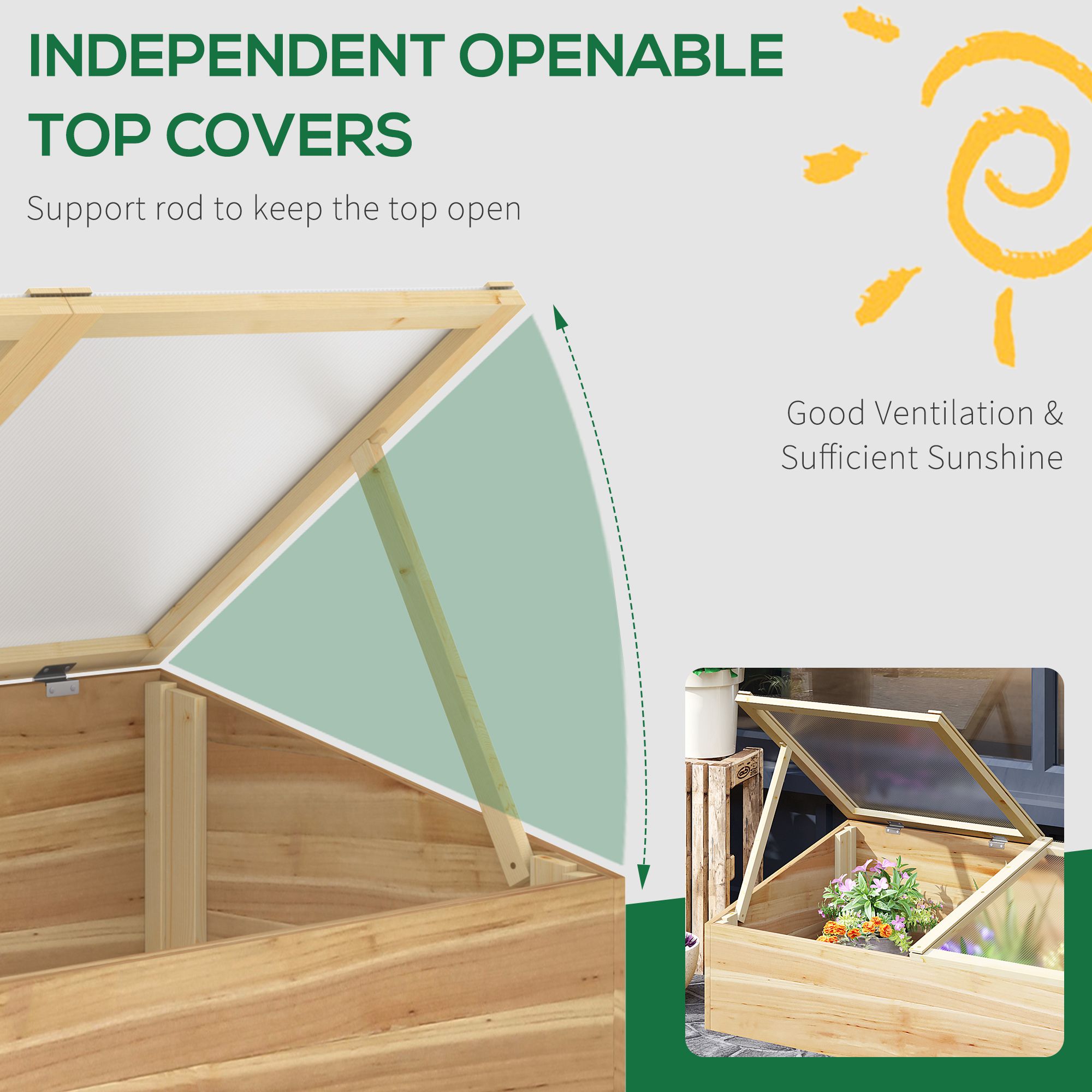 Outsunny Wooden Cold Frame Greenhouse Garden Polycarbonate Grow House  with Independent Openable Top Covers for Flowers, Vegetables, Plants, 100 x 50 x 36 cm, Natural 5