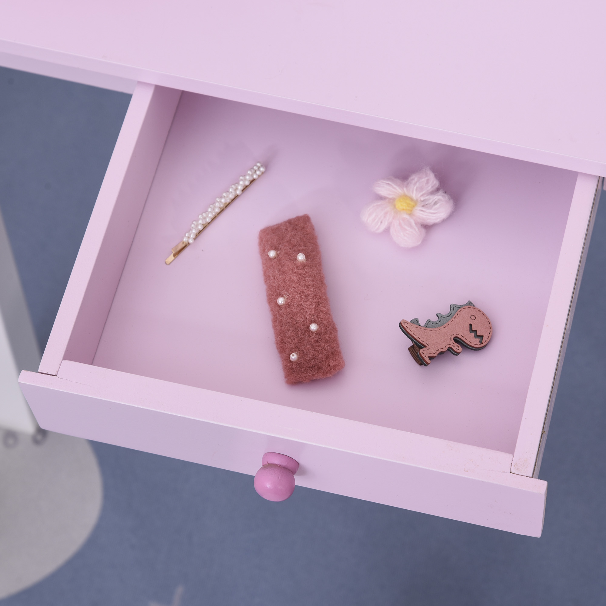 Toeletta Per Bambini Con Sgabello - Specchio Moderno E Cassetto, Legno, Rosa, 59x39x77 Cm - Foto 7