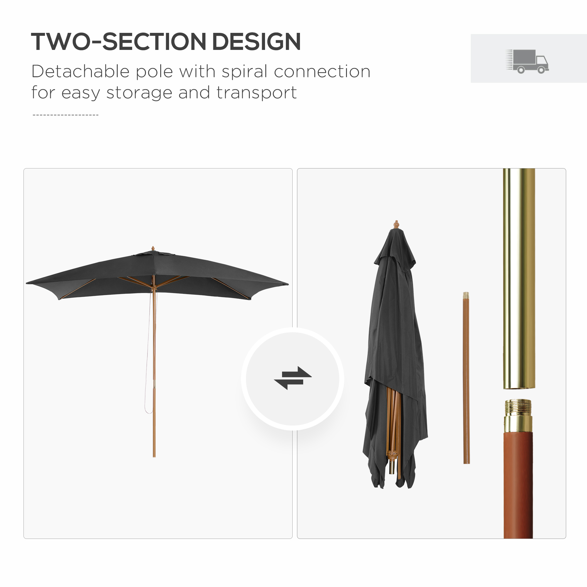 Outsunny 2 x 3m Wooden Garden Parasol Umbrella Outdoor Sun Shade Canopy, Dark Grey 7