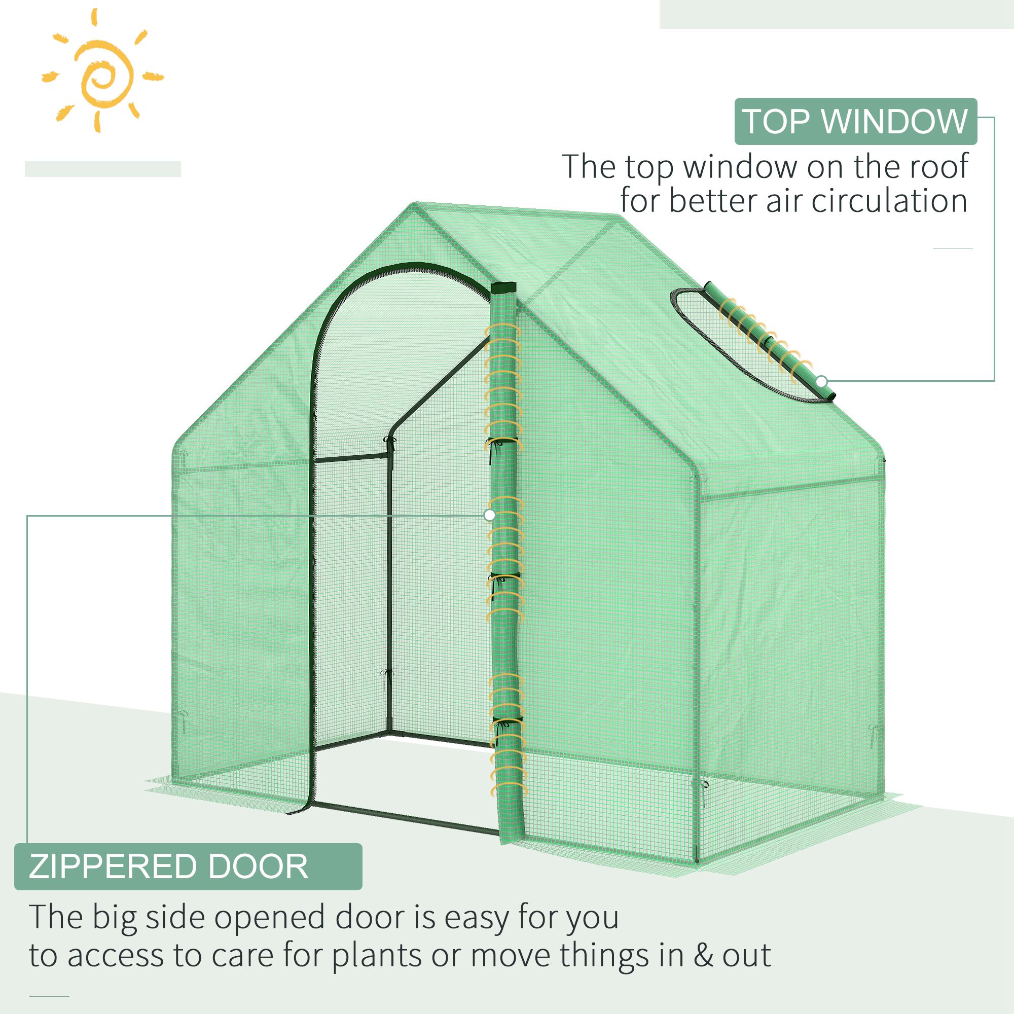 Outsunny Walk In Tomato Greenhouse Garden Outdoor Mini Greenhouse Flower Planter Steel Frame with Zipped Door & Window, PE Cover, 180 x 100 x 168CM, Green 4
