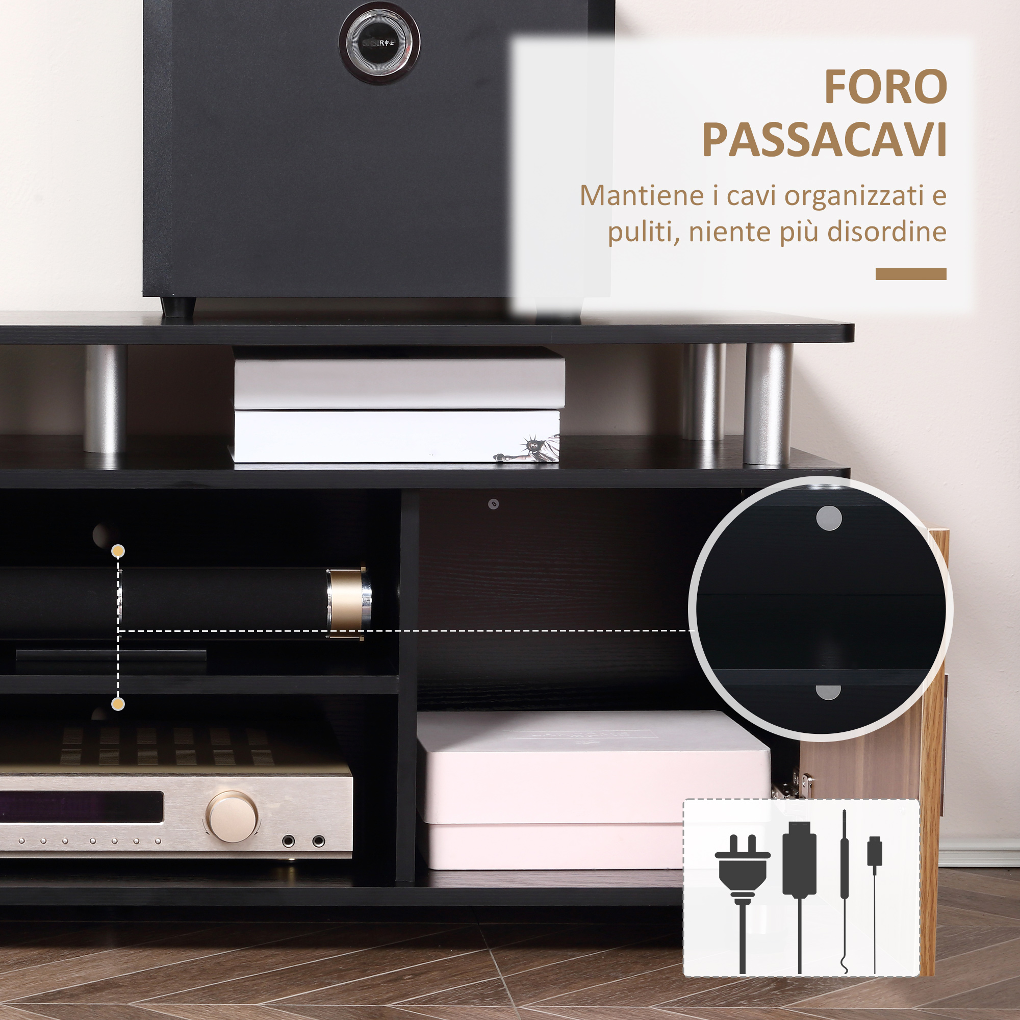 Mobile TV Angolare HOMCOM In Rovere E Nero – 90x90x45 Cm, 5 Scomparti, Adatto A TV Fino A 40 Pollici, Carico Max 80 Kg