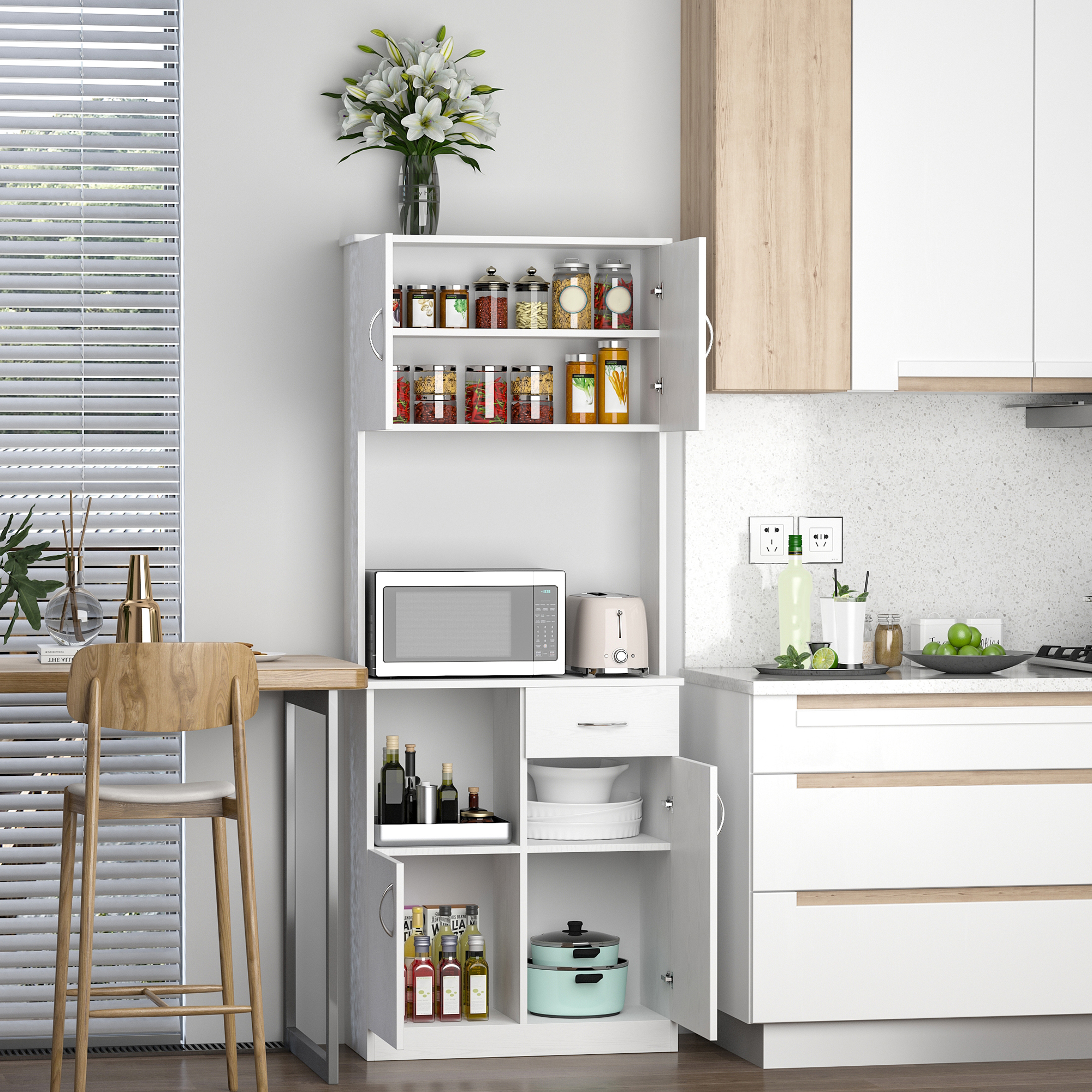 HOMCOM Tall Kitchen Cupboard, Kitchen Cabinet with Doors, Shelves, Drawer and Open Countertop, Storage Cabinet for Living Room, Dining Room, White 9
