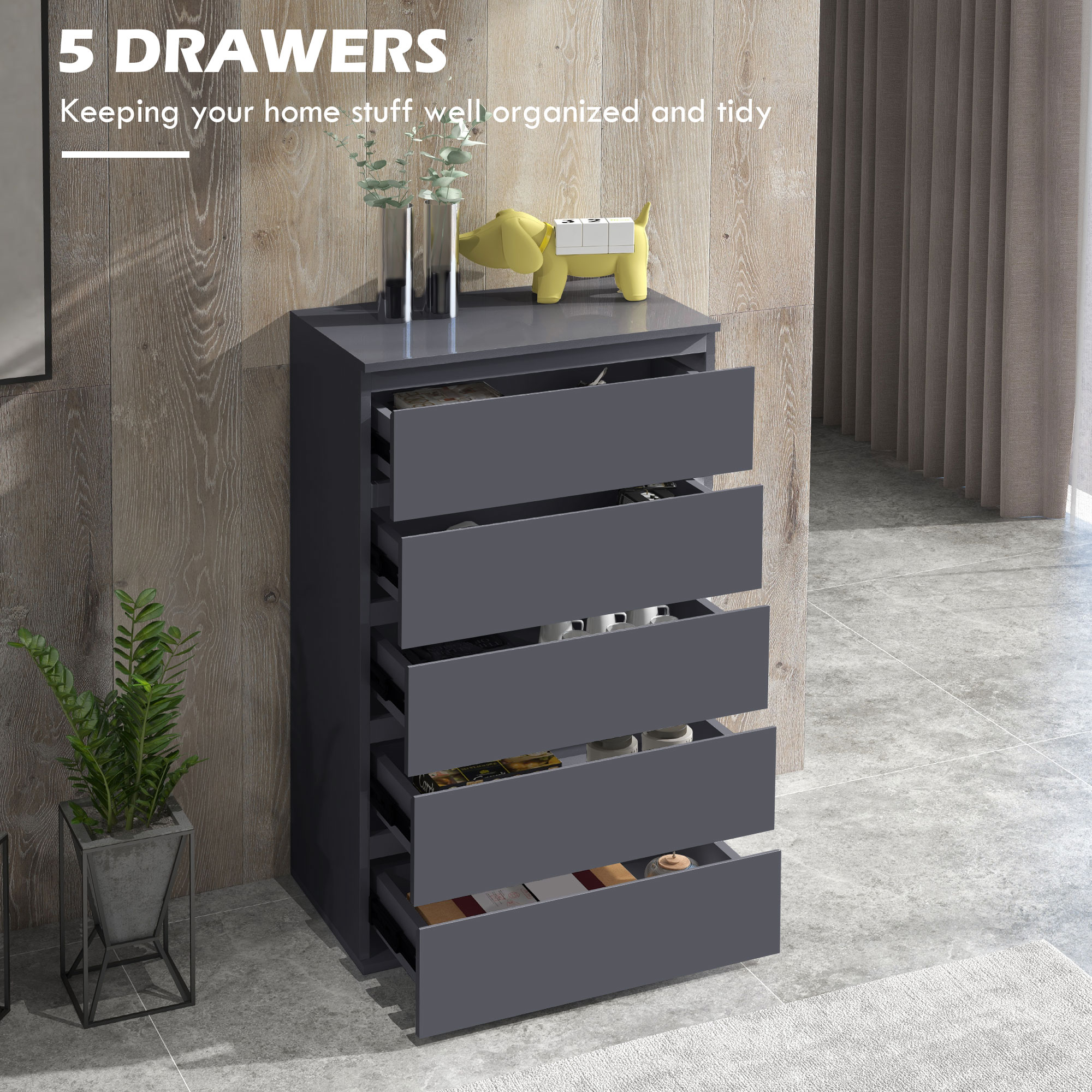 HOMCOM 5-Drawer Modern Dresser, High Gloss Storage Drawer Unit for Bedroom, Grey 4
