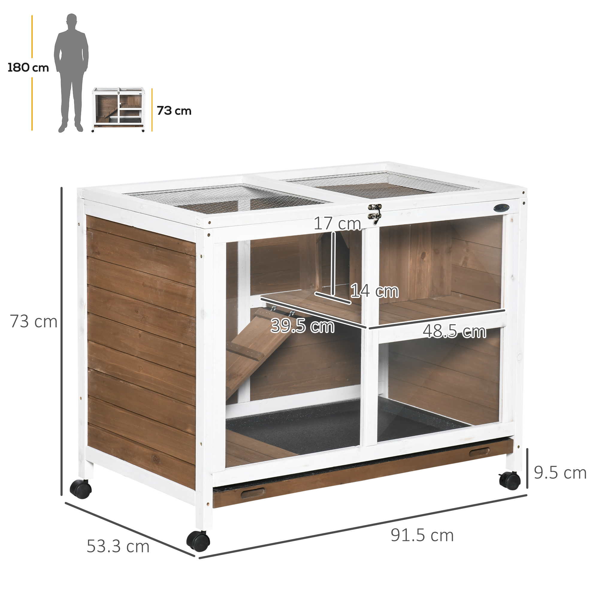 PawHut Wooden Rabbit Hutch, Bunny Cage w/ Tray, Ramp, Openable Roof, Wheels, 91.5 x 53.3 x 73cm Brown 3