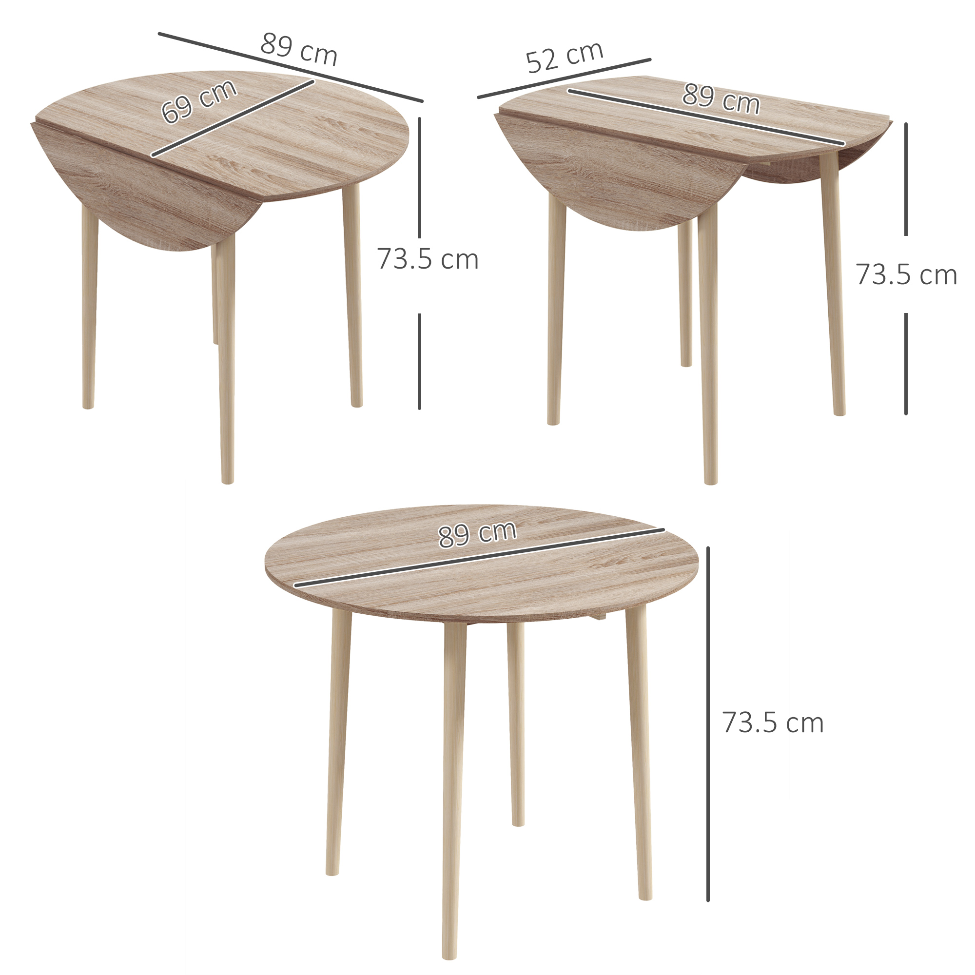 HOMCOM Folding Dining Table for 4, Round Drop Leaf Table, Modern Space Saving Small Kitchen Table with Wood Legs for Dining Room, Natural 3