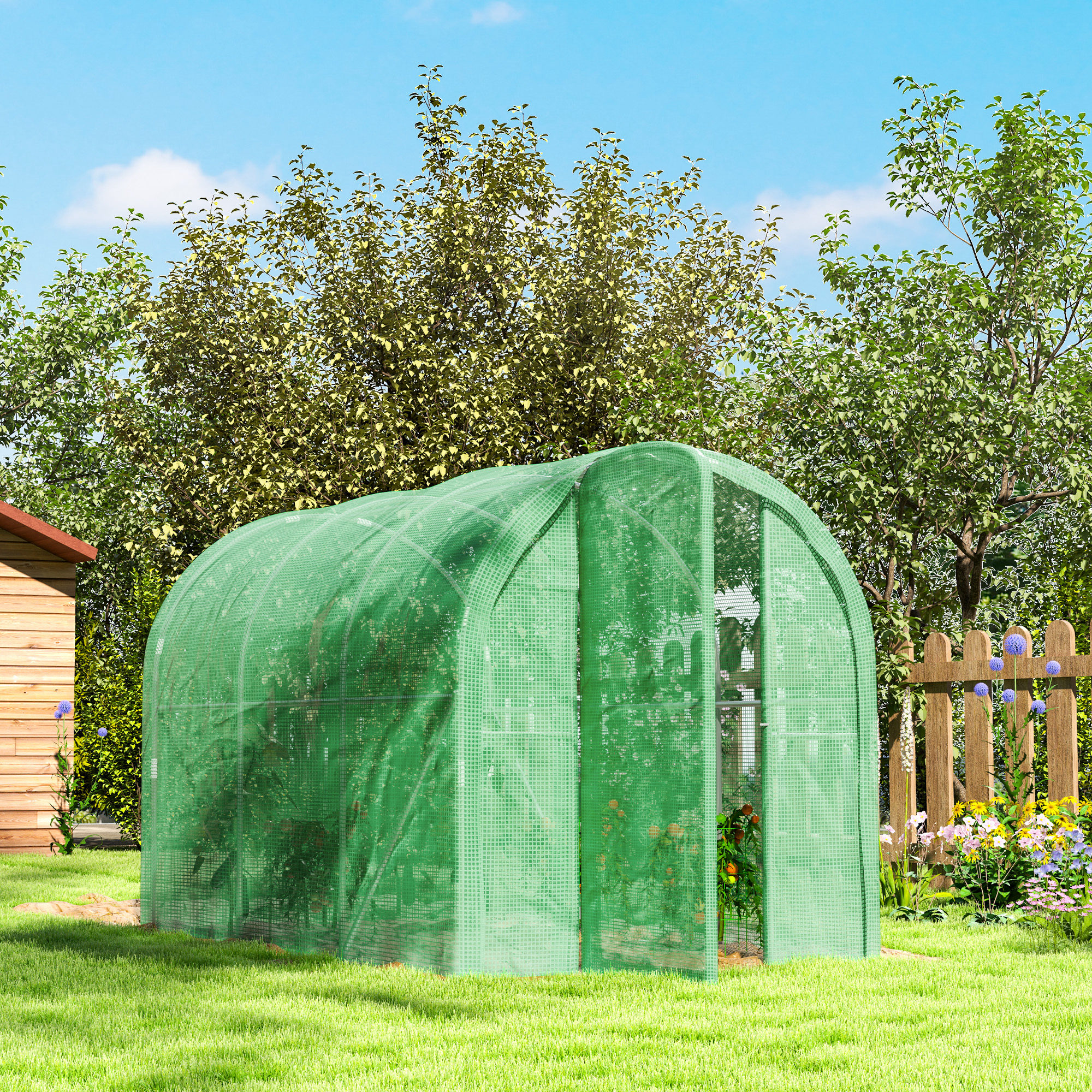 Outsunny 3 x 2 x 2m Polytunnel Greenhouse with Hinged Door, Walk-in Grow House Tent with PE Cover and Galvanised Steel Frame, Green 8