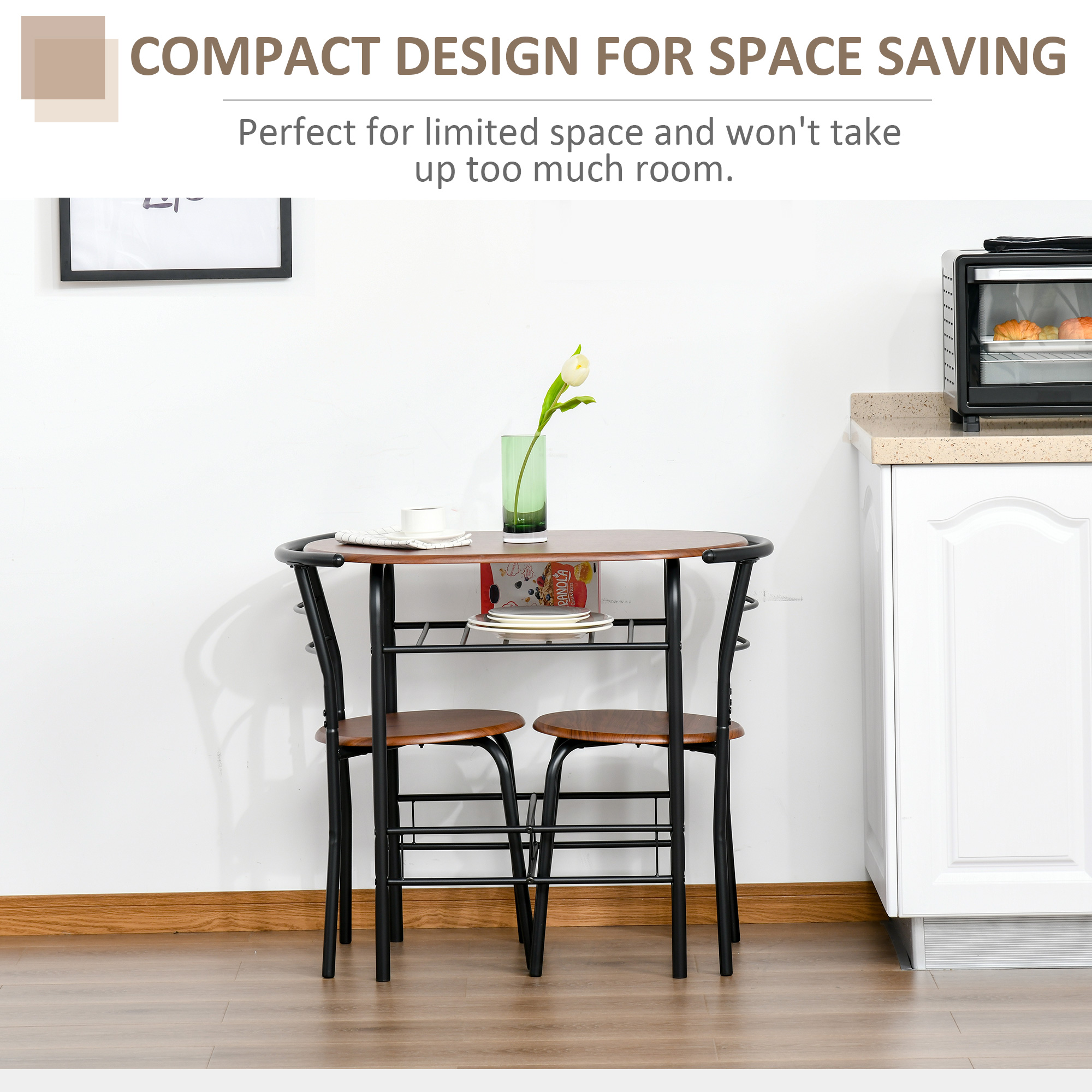 HOMCOM Dining Table and Chairs Set 3, Breakfast Bar Table and 2 Chairs w/ Shelf, Wood-Effect Tabletop for Small Space 5