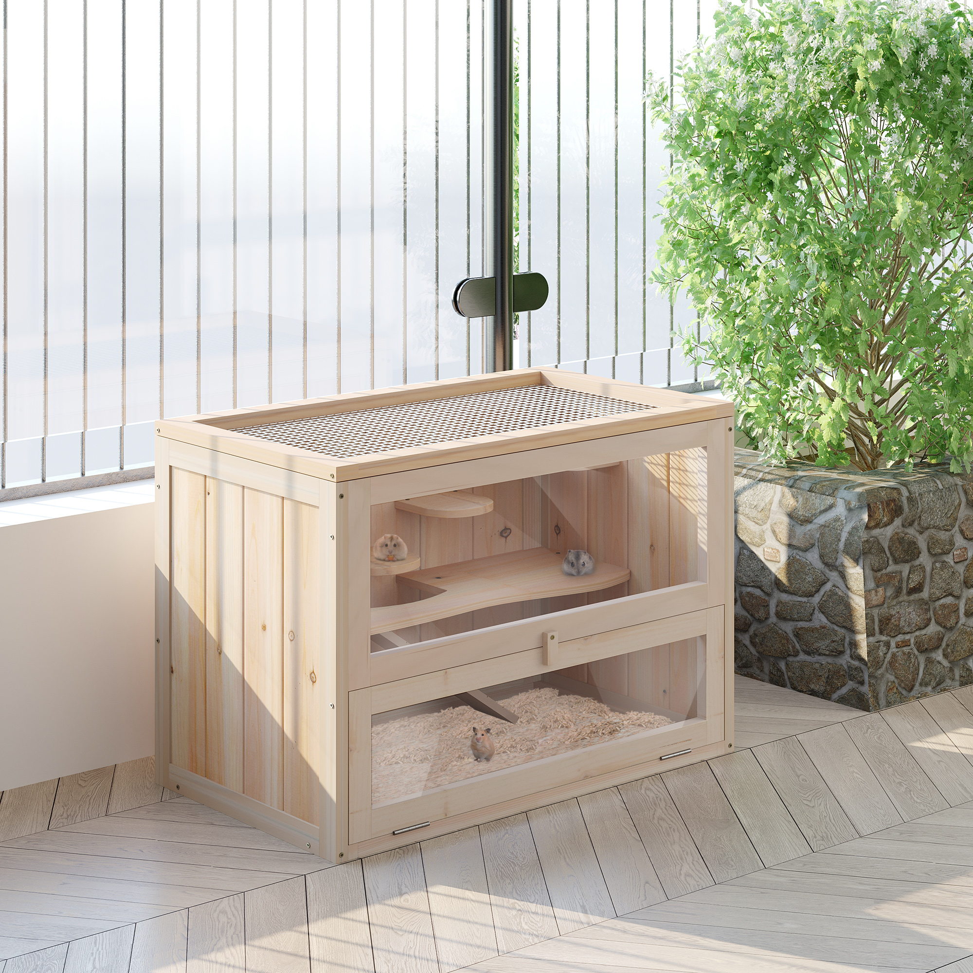 PawHut Wooden Hamster Cage Mouse Mice Rodent Small Animals Hutch Exercise Play House 60 x 35 x 42cm, Natural Wood Finish 2