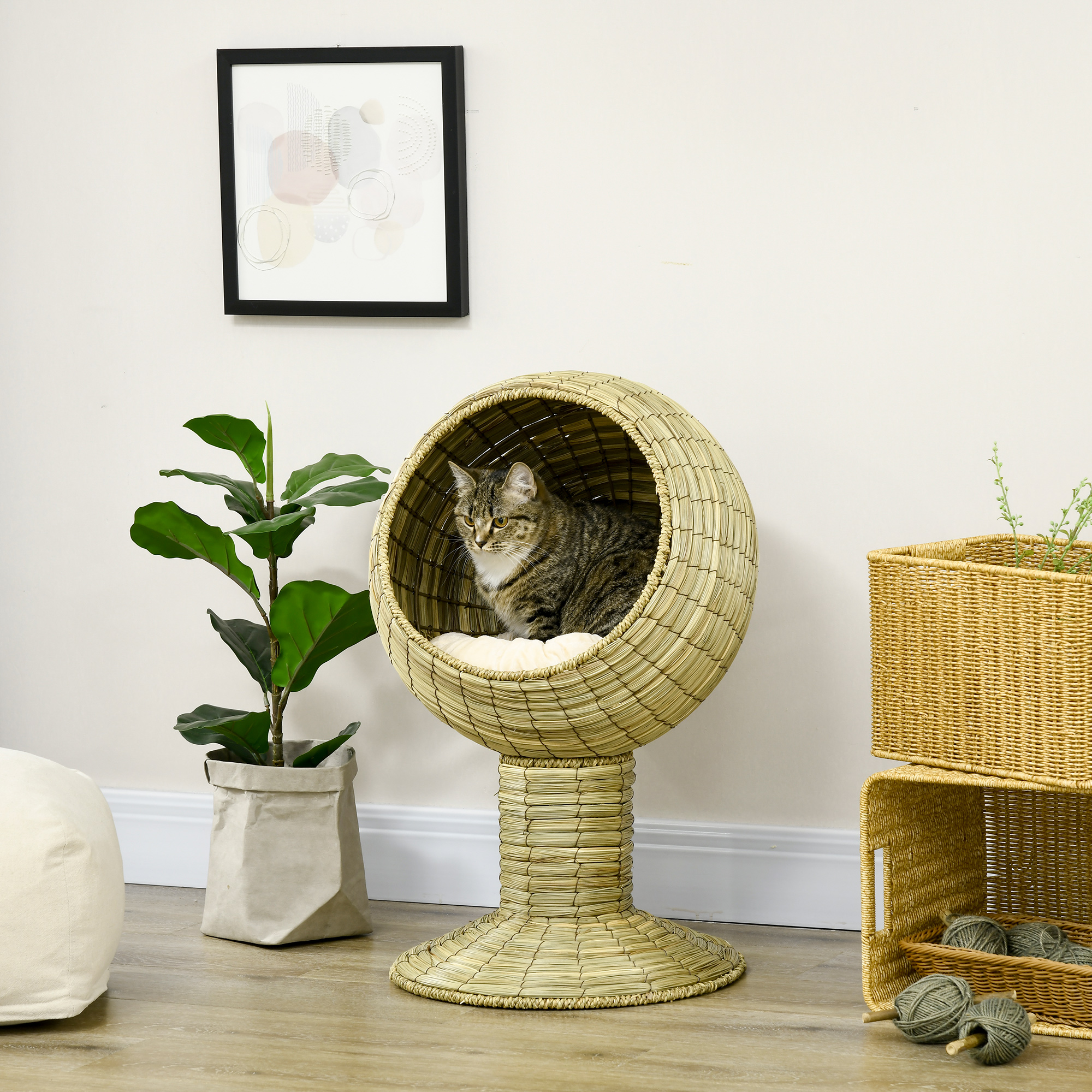 PawHut Raised Detachable Cat house, Natural Mat Grass Cat Bed, with Cushion 2