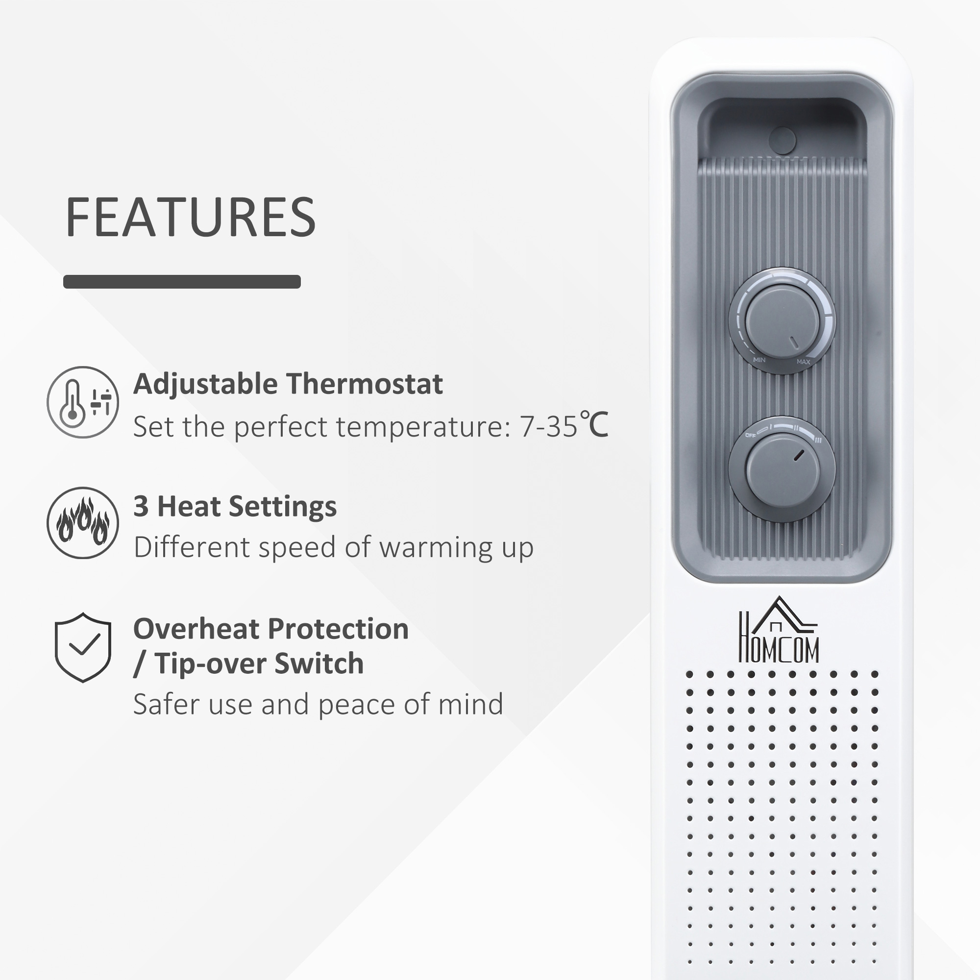 HOMCOM 2500W Oil Filled Radiator, 11 Fin, Portable Electric Heater with 3 Heat Settings, Safety Cut-Off and Wheels, White 5