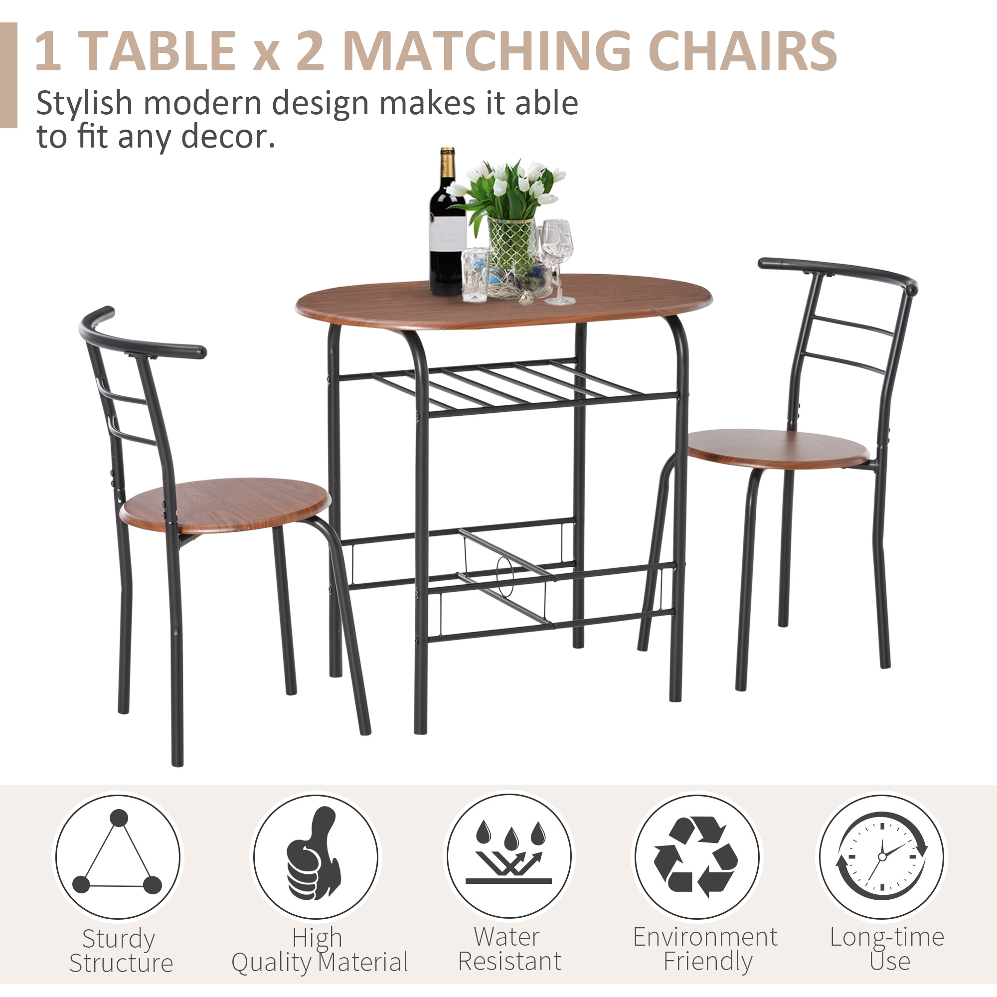 HOMCOM Dining Table and Chairs Set 3, Breakfast Bar Table and 2 Chairs w/ Shelf, Wood-Effect Tabletop for Small Space 4