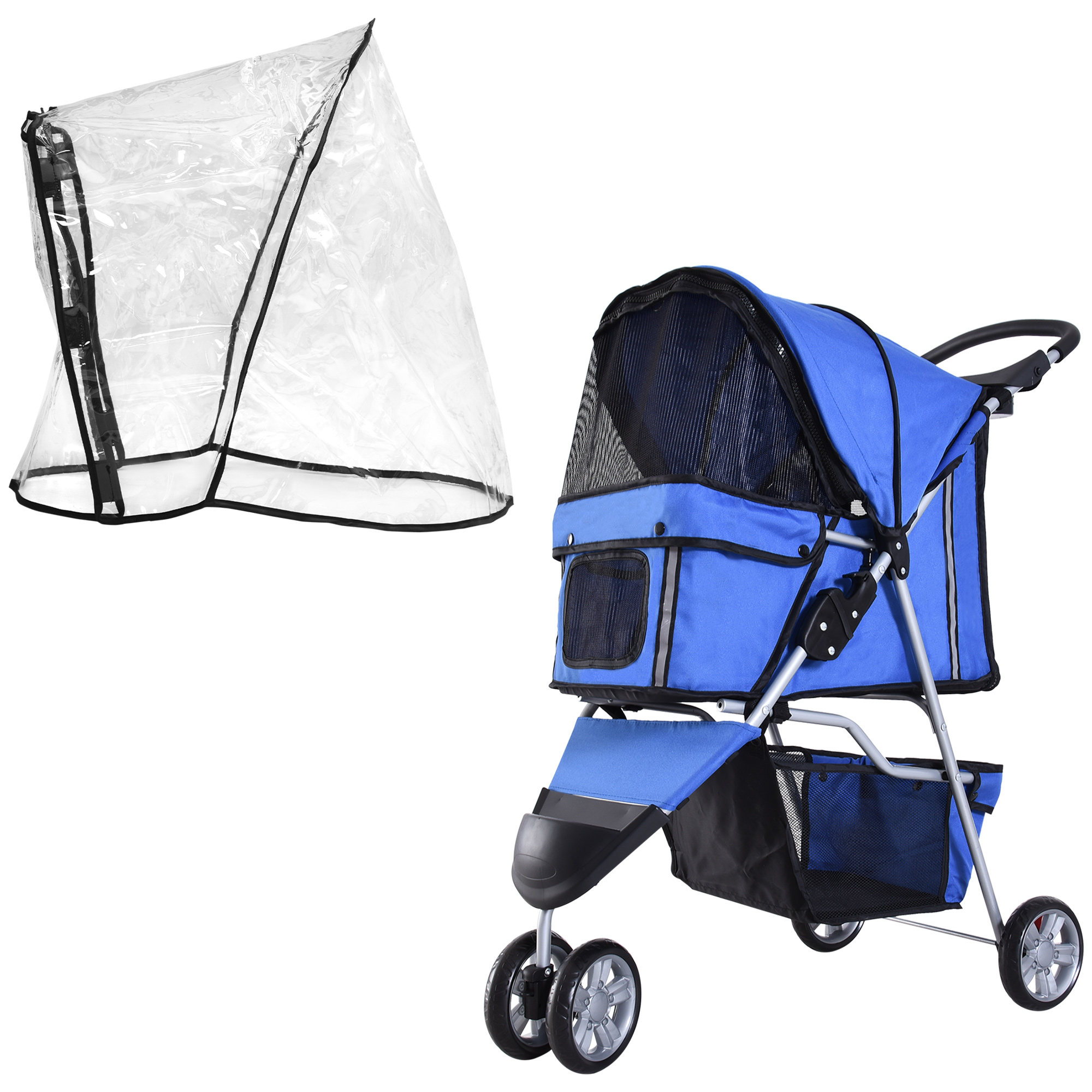 PawHut Dog Stroller with Rain Cover for Small Miniature Dogs, Folding Pet Pram with Cup Holder, Storage Basket, Reflective Strips, Red