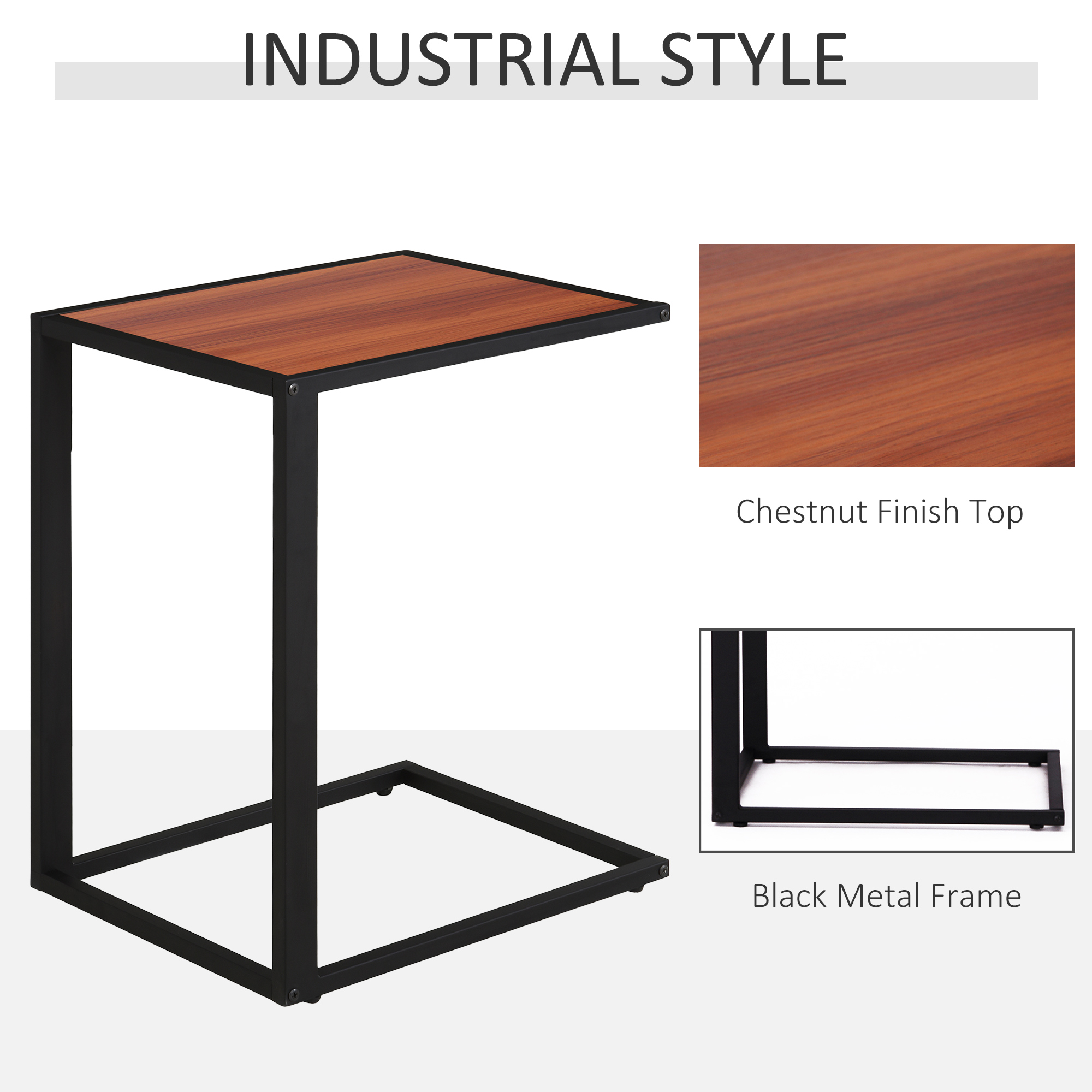 HOMCOM C-Shaped Side Table, Sofa End Table with Metal Frame, Accent Couch Table for Living room, Bedroom, Set of 2, Walnut and Black 4