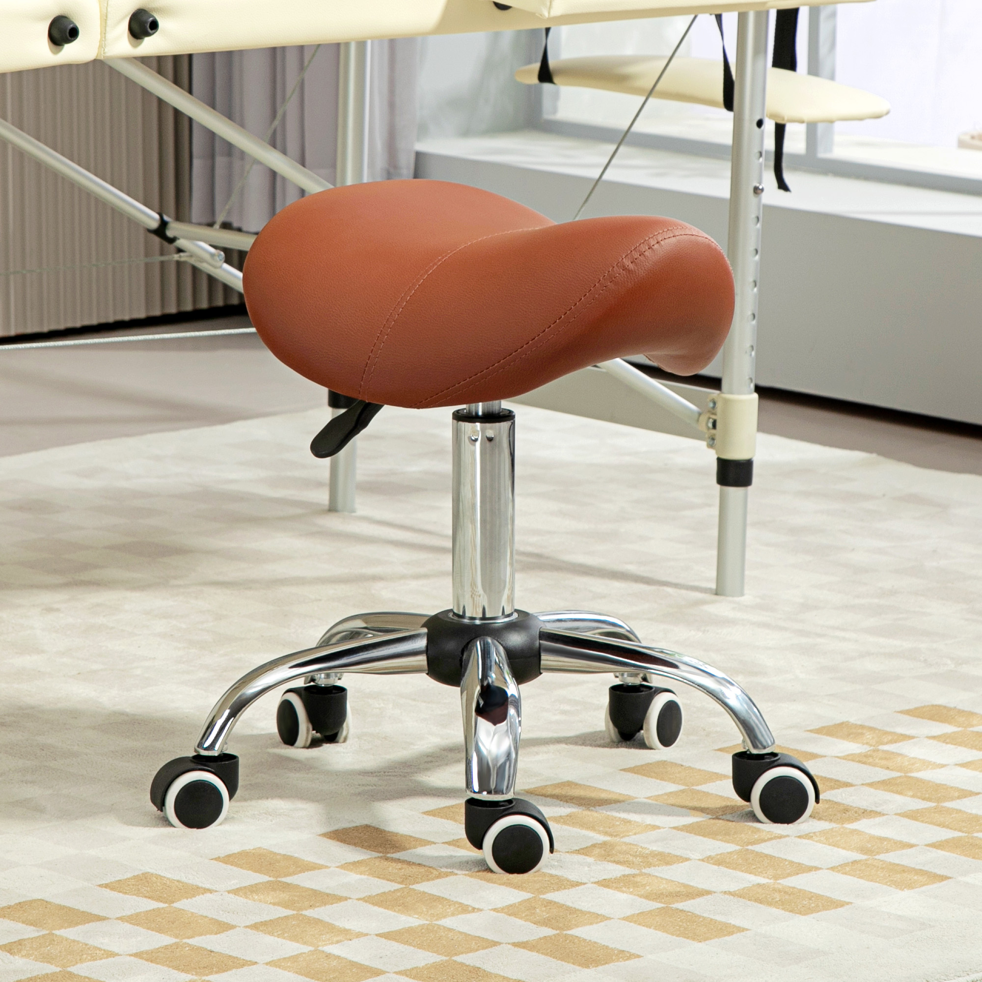 HOMCOM Saddle Stool, Height Adjustable Salon Chair for Massage Spa, Faux Leather, Brown 2
