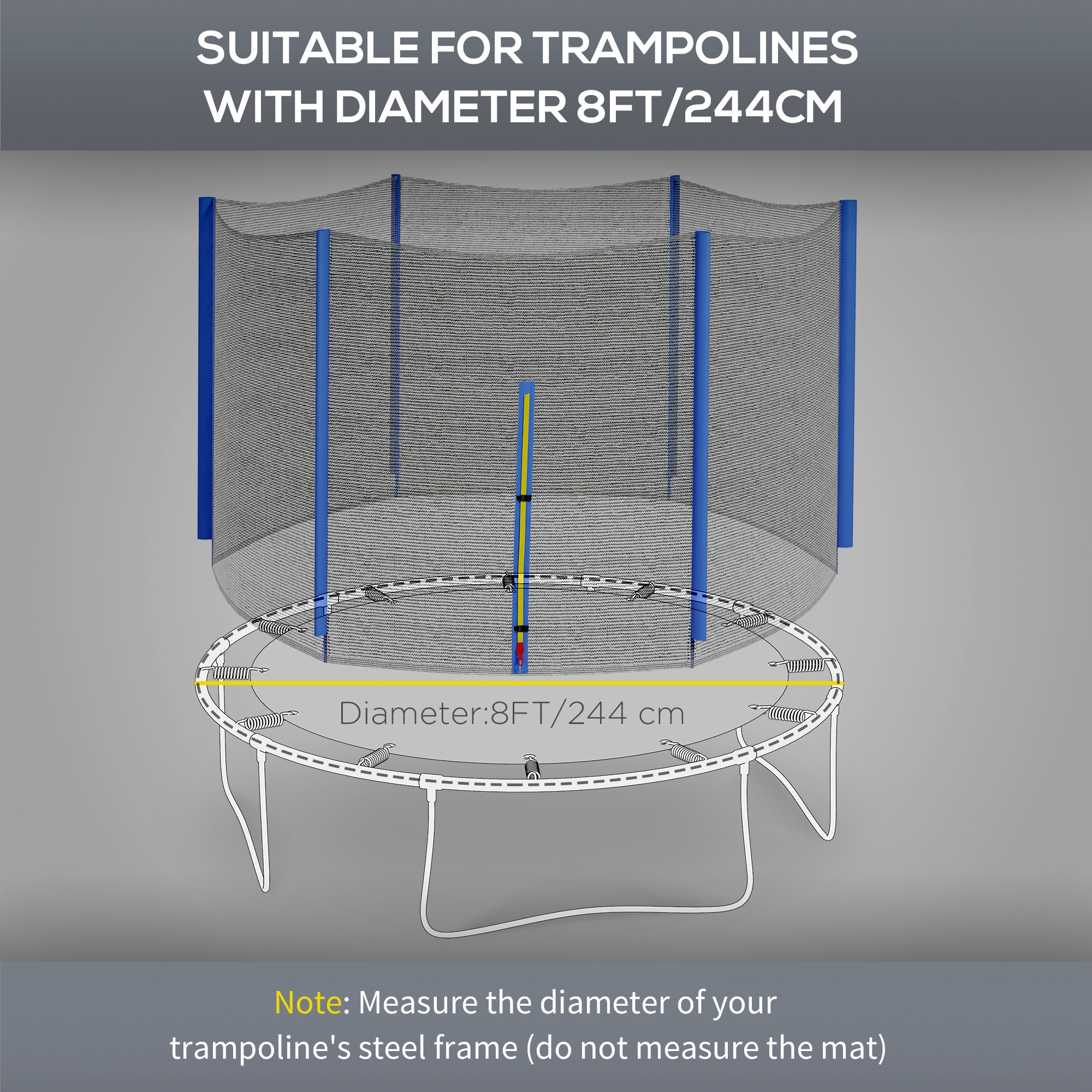 SPORTNOW 8ft Trampoline Net Replacement with 6 Plastic Pole Covers, Weather-Resistant Trampoline Netting Replacement with Zipped Entrance, Poles Not Included, Blue 4
