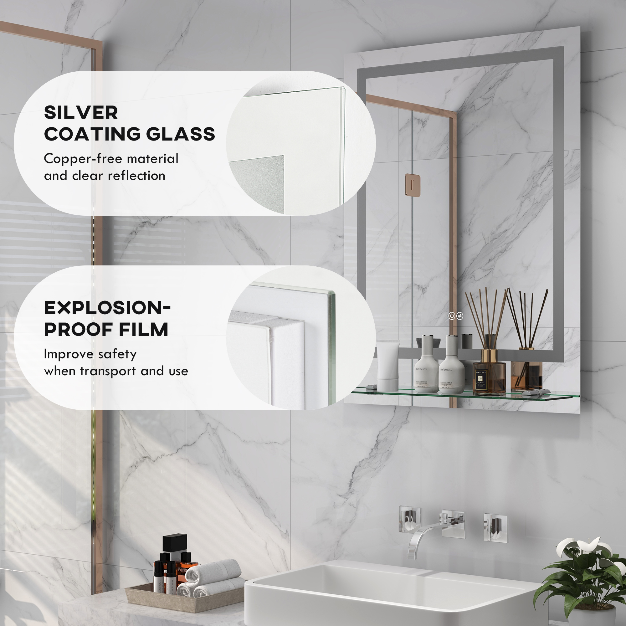 kleankin Large Vanity Mirror with Lights and Shelf, Illuminated bathroom Mirror with 3 Colour Brightness, Smart Touch, Anti-Fog 8