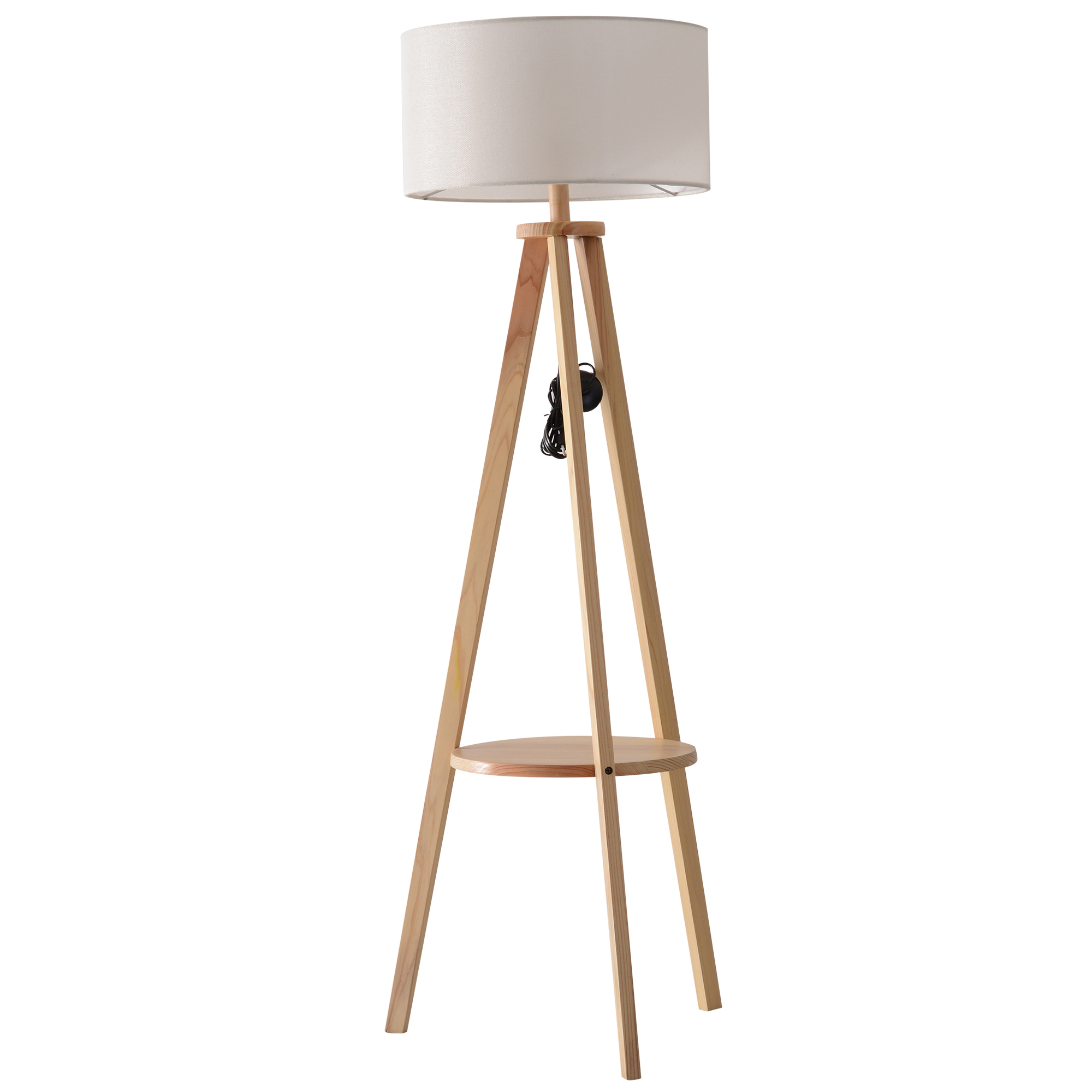 Homcom Lampadaire trépied design scandinave dim. 50L x 50l x 154 cm 40 W max. étagère intégrée bois massif pin abat-jour toile lin beige
