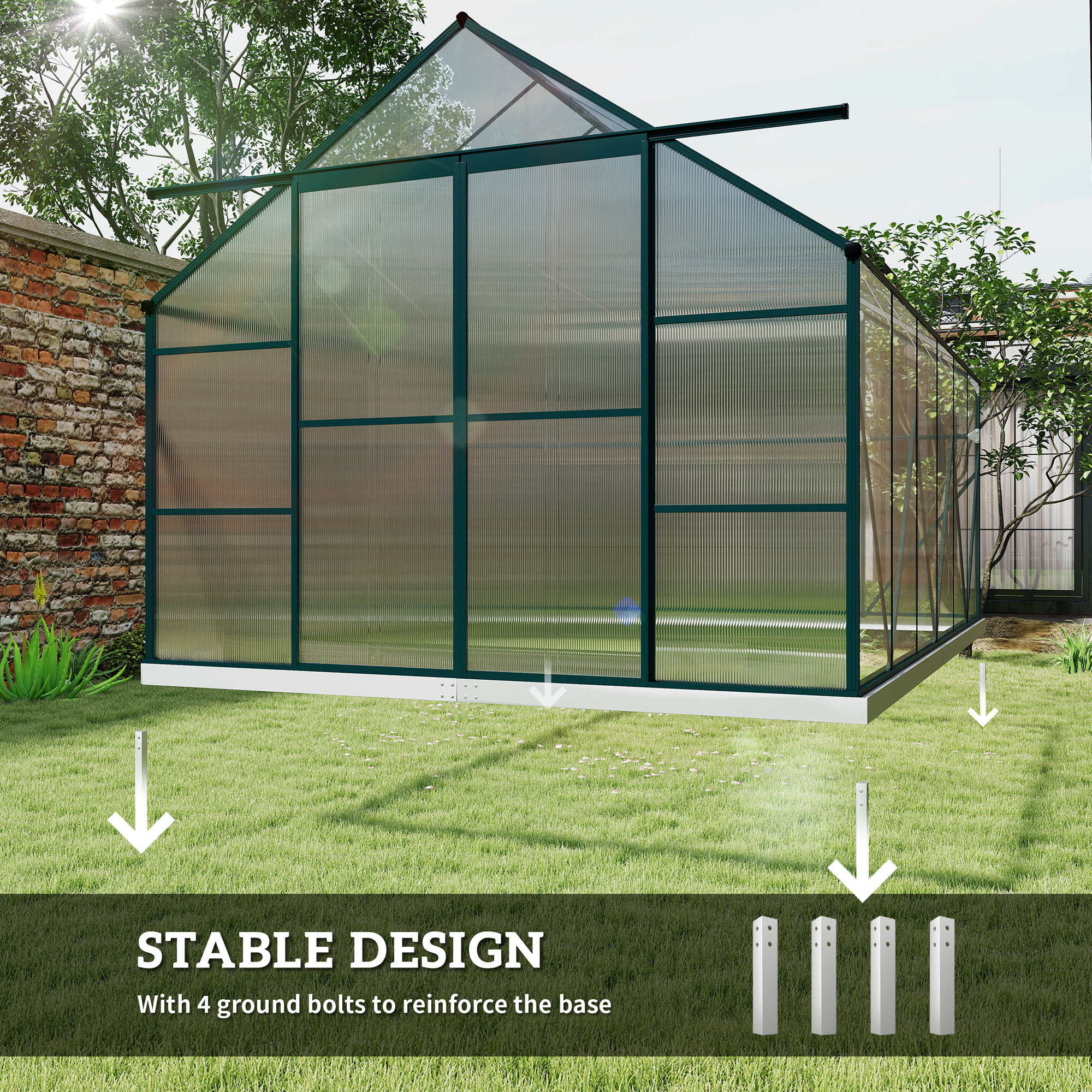 Outsunny 8 x 12ft Aluminium Greenhouse Polycarbonate Walk-in Garden Greenhouse Kit with Adjustable Roof Vent, Double Sliding Door, Rain Gutter and Foundation, Clear 6