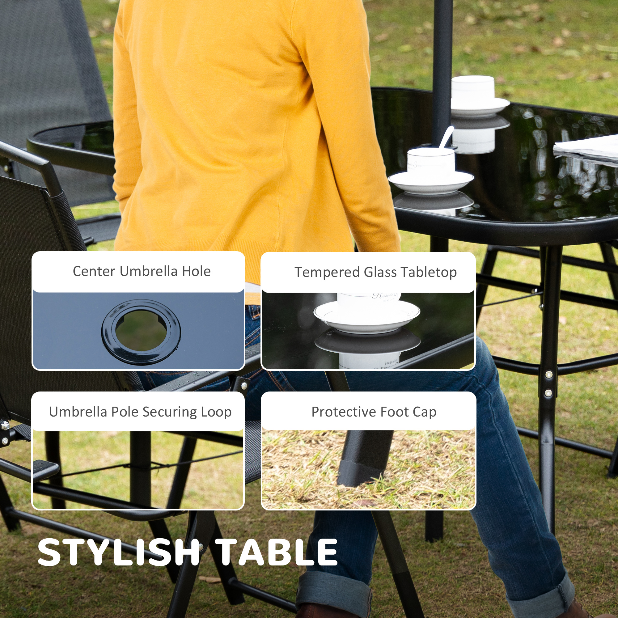 Outsunny Eight-Piece Garden Dining Set, with Chairs, Table and Parasol Black 4