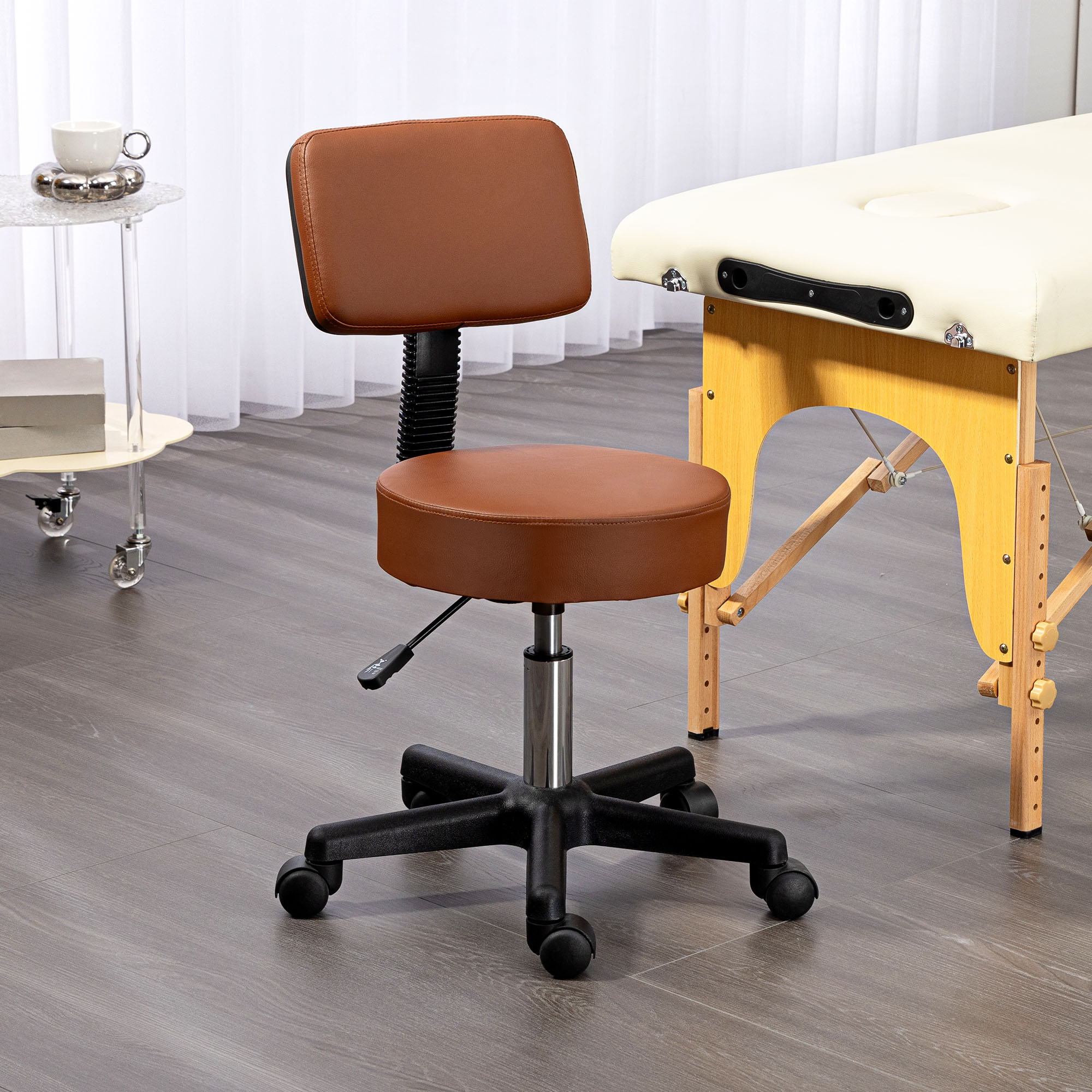 HOMCOM Beautician's Swivel Salon Chair w/ Padded Seat Back 5 Wheels Adjustable Height Salon Hairdressers Tattoo Spa Rolling Cushion Professional 48cm Brown 2
