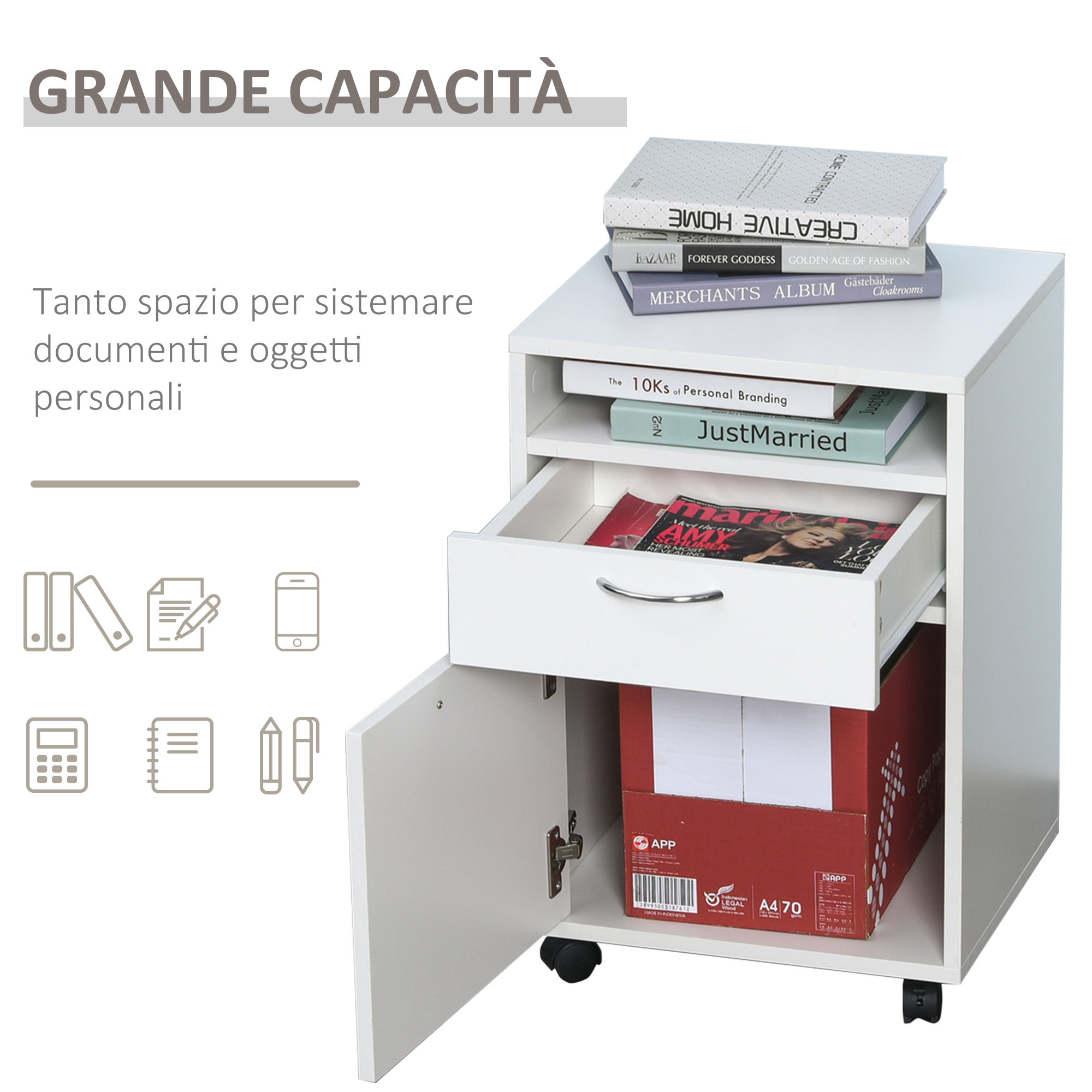 Cassettiera Mobile HOMCOM 3 Cassetti Con Rotelle - In Legno Bianco, 34x40x60.5 Cm, Per Documenti E Oggetti
