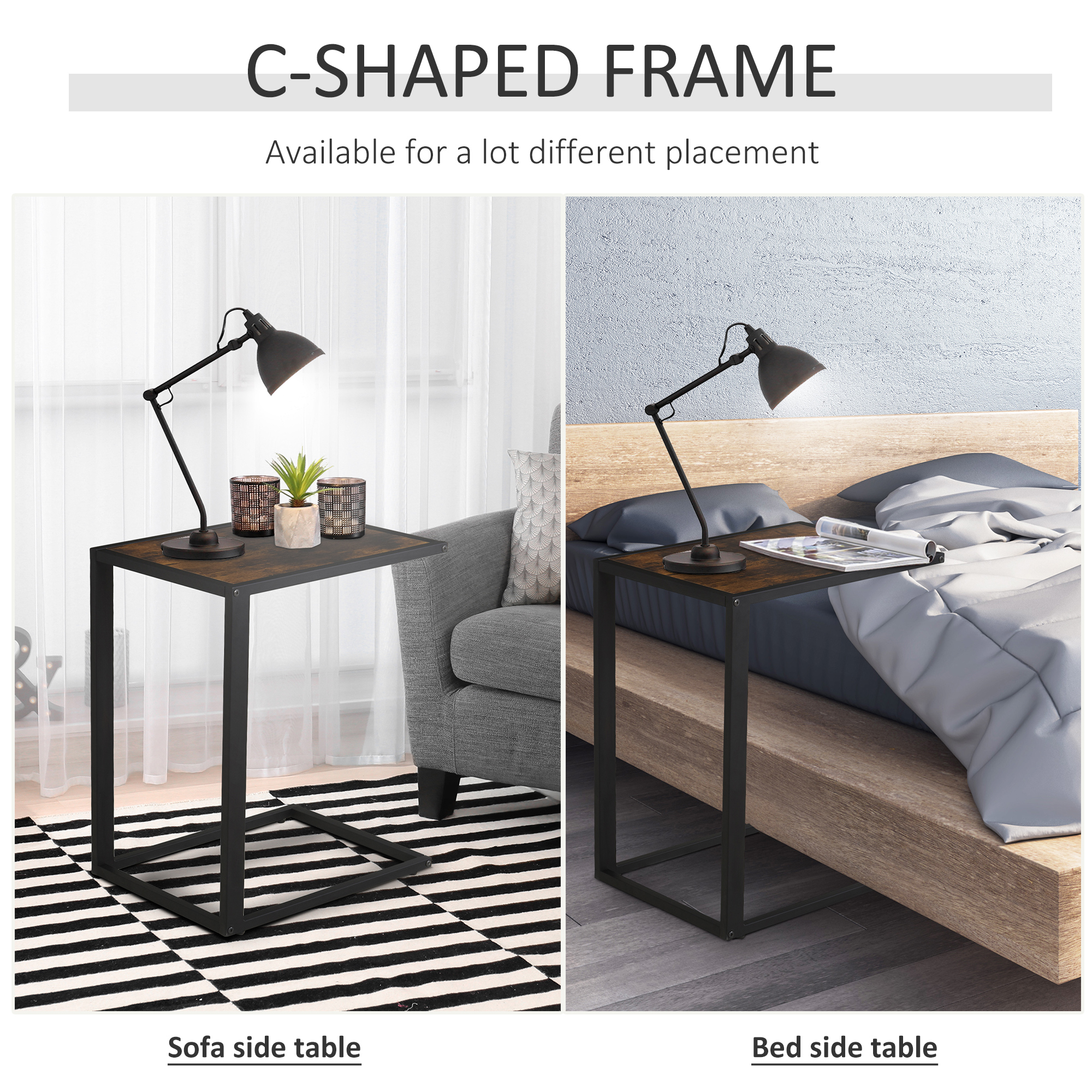 HOMCOM C-Shaped Side Table, Bedside Table with Metal Frame, Accent Sofa Couch Table for Living room, Bedroom, Brown and Black 5