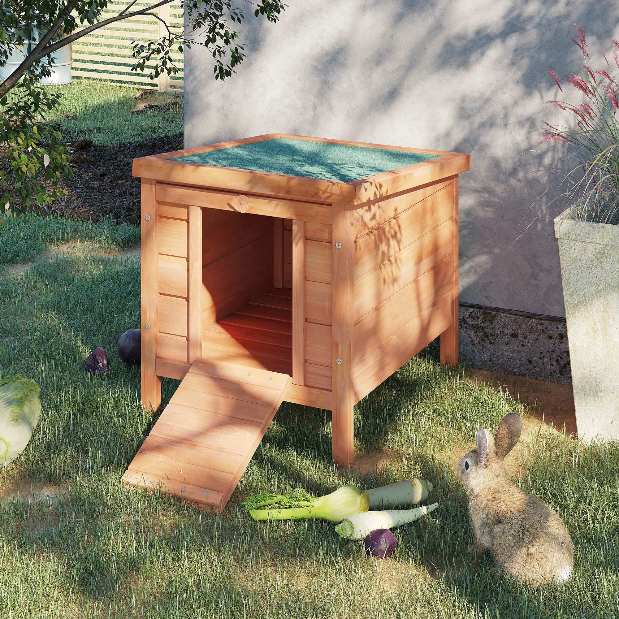 PawHut Wooden Rabbit Hutch Outdoor, Guinea Pig Hutch, Rabbit Hideaway, Cat House, Bunny Cage Small Animal House with Openable Roof, 51 x 42 x 43 cm, Natural 2