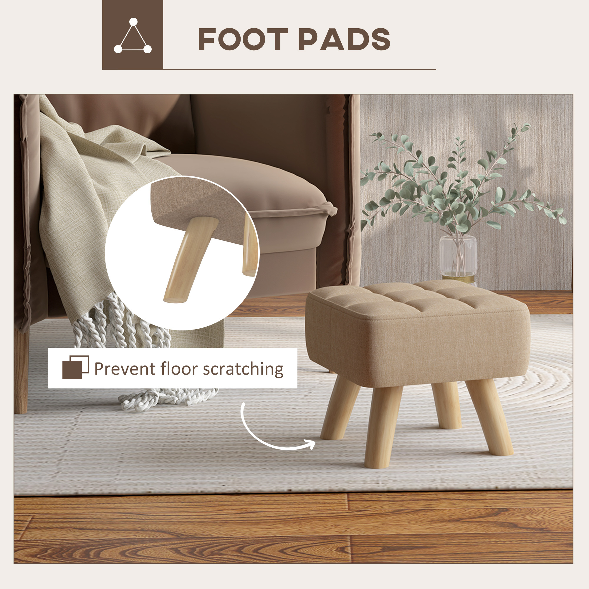 HOMCOM Linen-Look Square Padded Footstool Brown 6