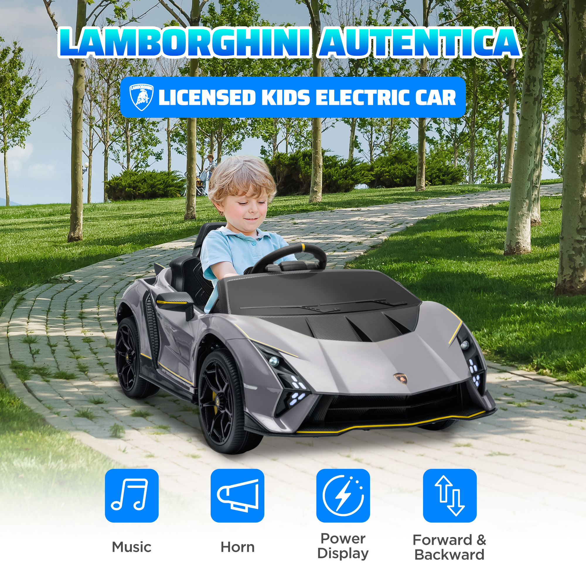 AIYAPLAY 12V Lamborghini Autentica Licensed Kids Electric Car with Remote Control, 4 Suspension Wheels, Soft Start, Grey 4
