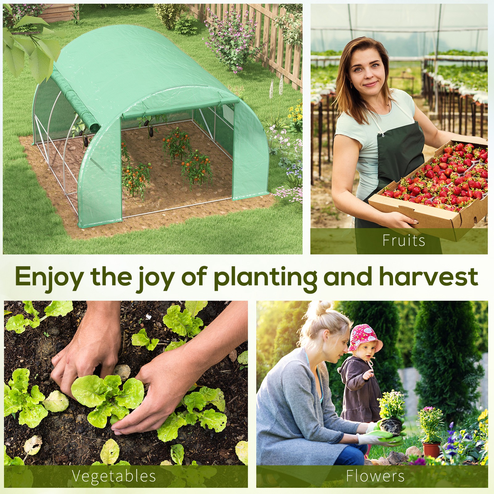 Outsunny Polytunnel Greenhouse Walk-in Grow House Tent with Roll-up Sidewalls, Zipped Door and 6 Windows, 3x3x2m Green 7