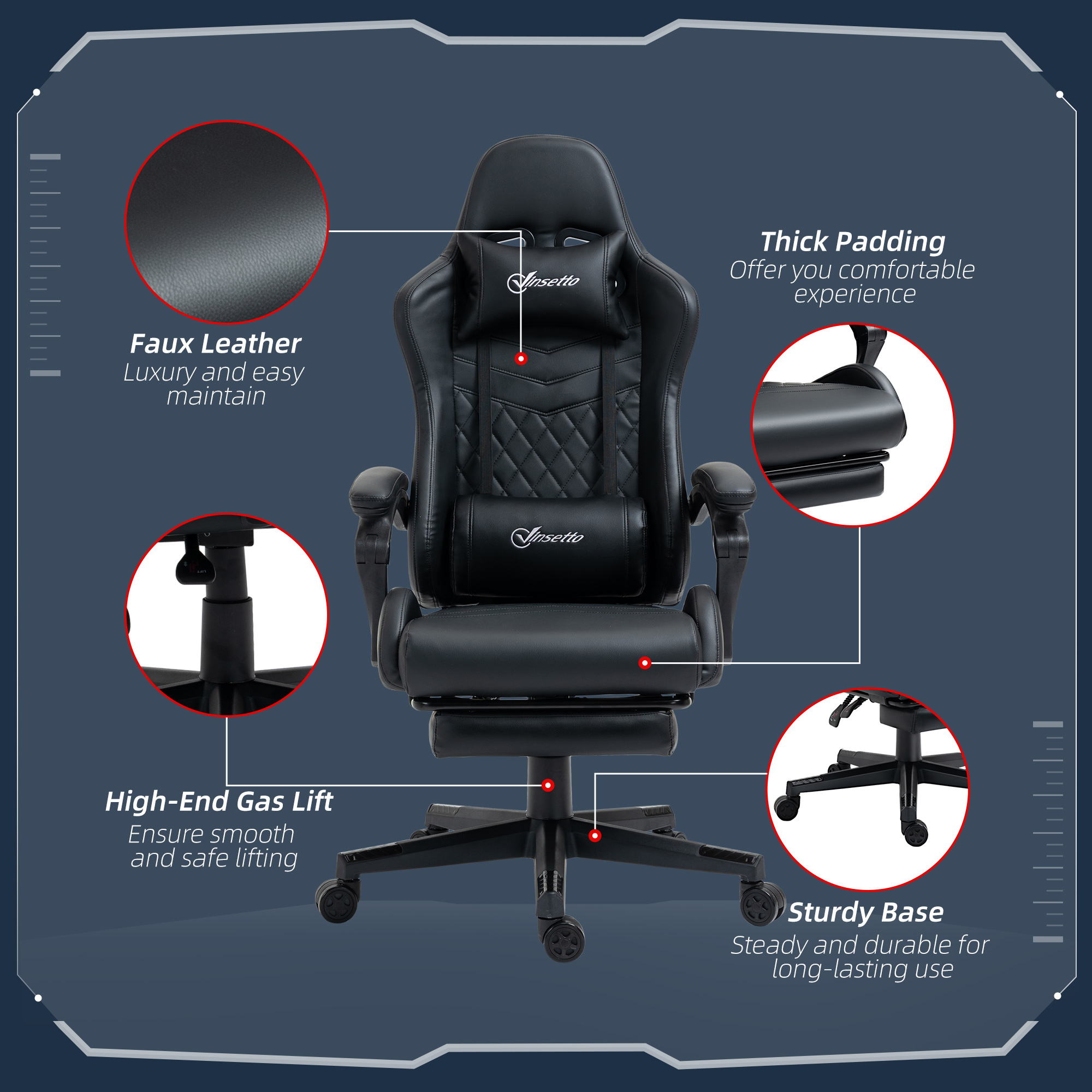 Vinsetto Computer Gaming Chair with Footrest, Video Gaming Chair for Adults with 130° Reclining Back, Desk Chair with Lumbar Support and Adjustable Height, Black 7