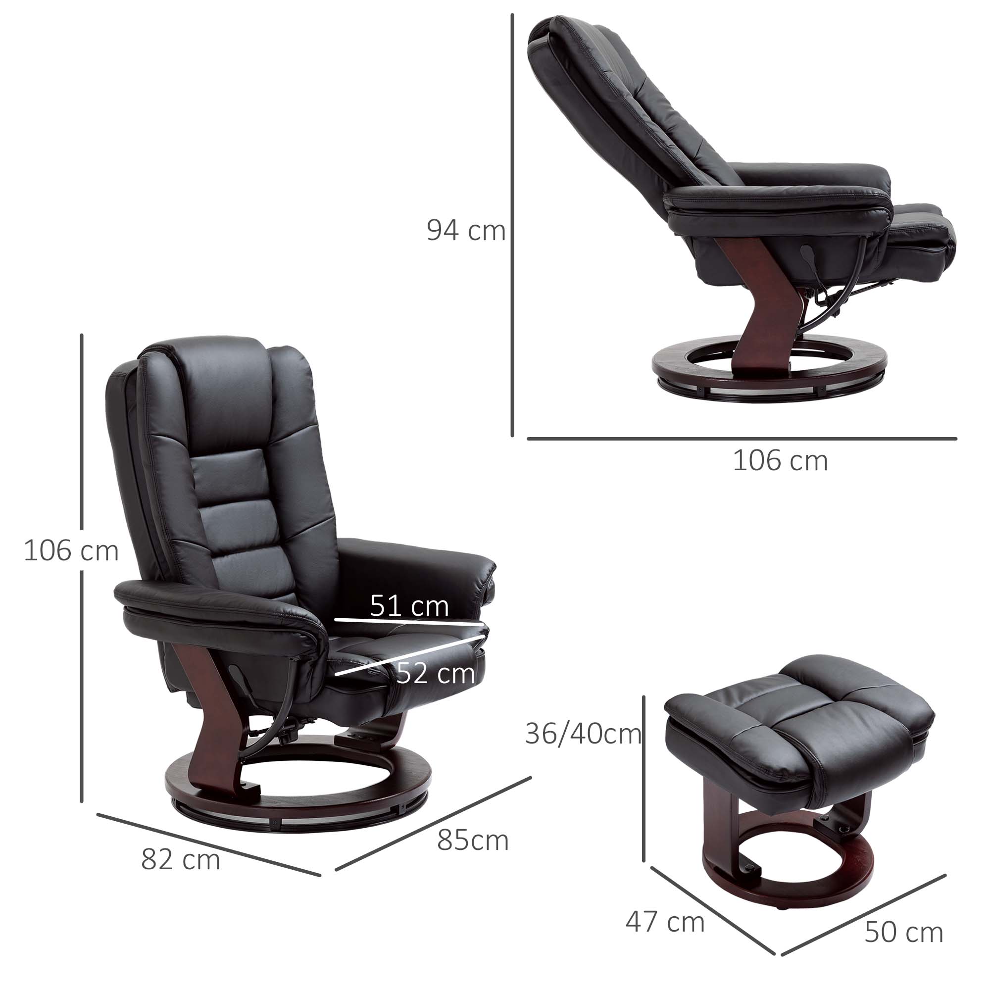 HOMCOM Recliner Chair With footstool, Recliner Armchair up to 130kg Weight Capacity, 135° Reclining Swivel Sofa Chair, PU Leather Ergonomic Couch Bed with Swivel Wood Base for Living Room, Black 3