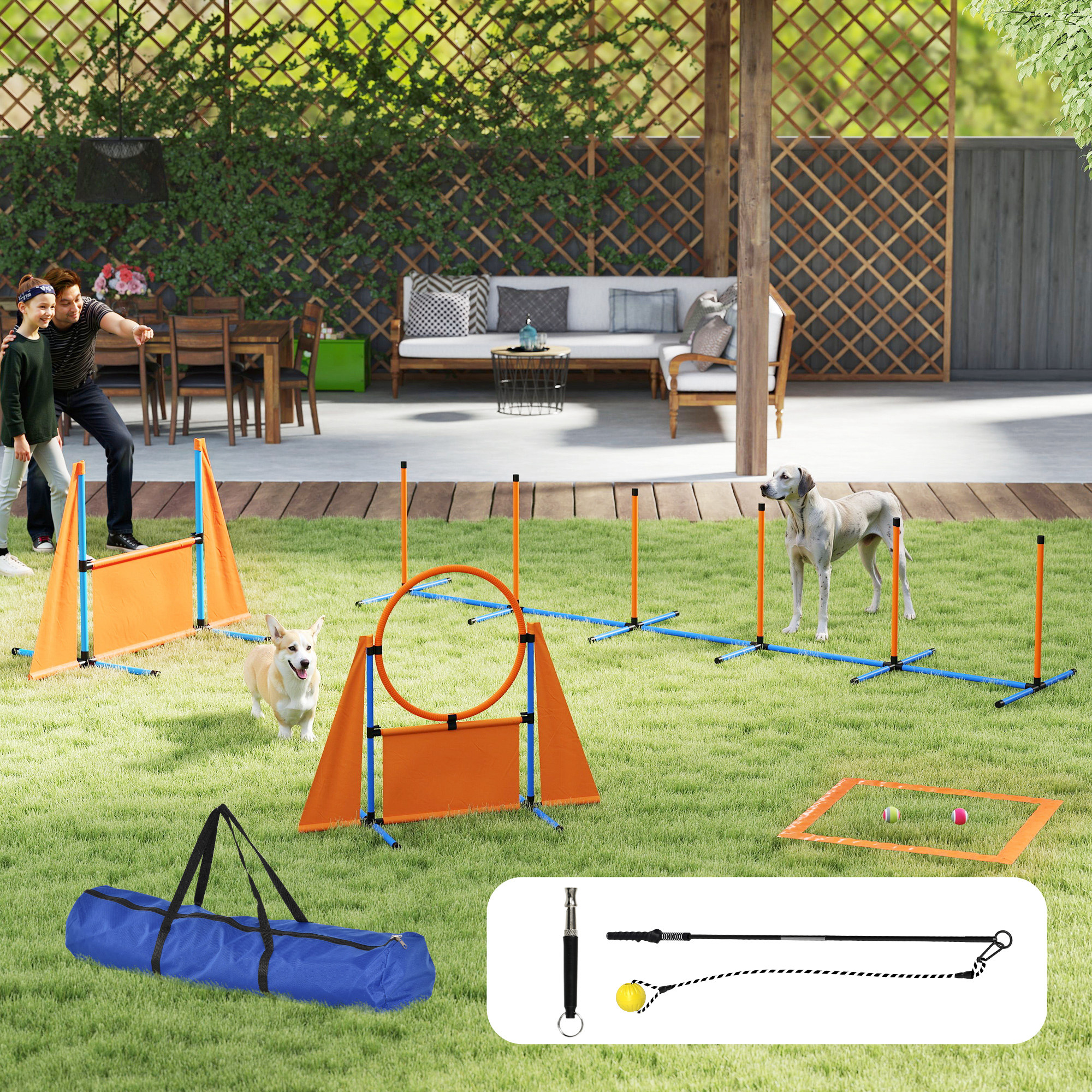 PawHut 6-Piece Dog Agility Equipment Set with Weave Poles, Jump Ring, Hurdle, Pause Box, Bag, Orange