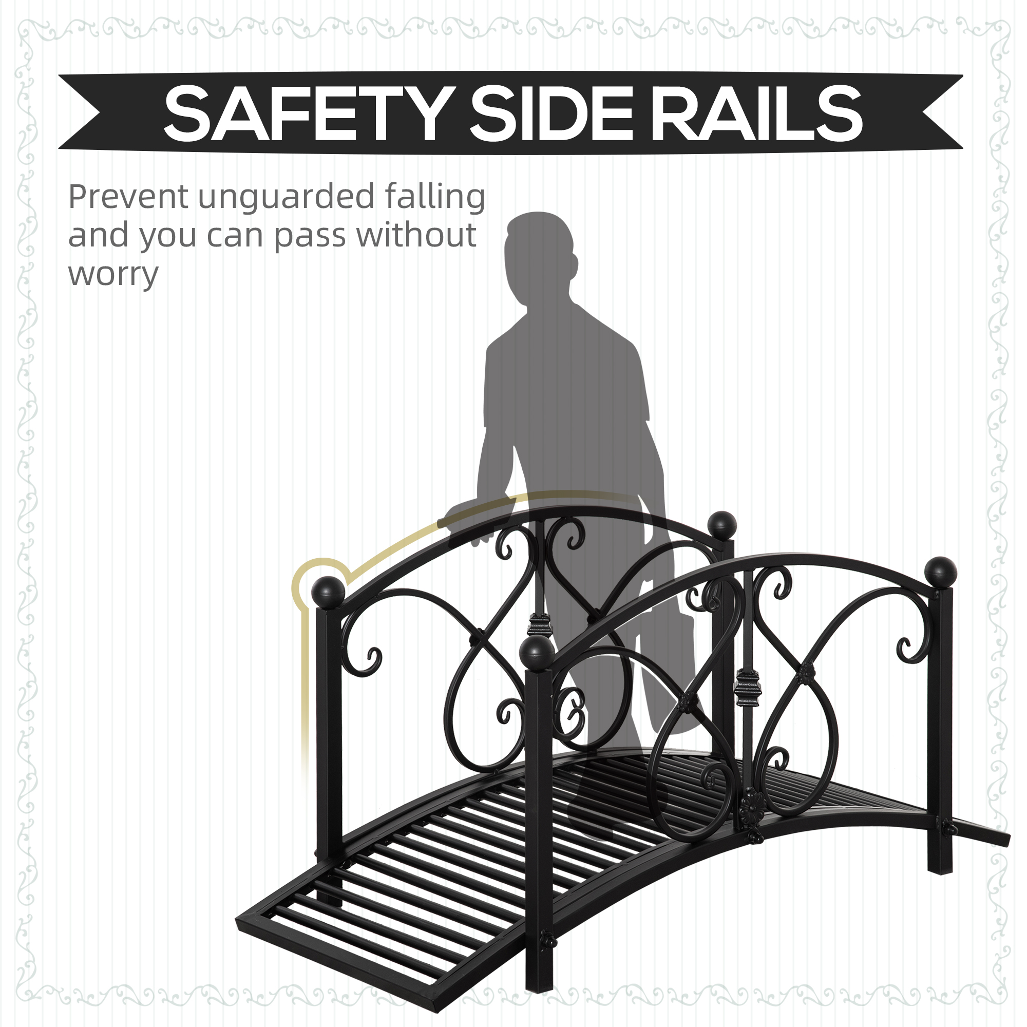 Outsunny 102L x 48W x 49H Classic Metal Garden Bridge with Safety Railings Arc Footbridge Decorative Pond Bridge for Backyard Creek Stream, Black 5