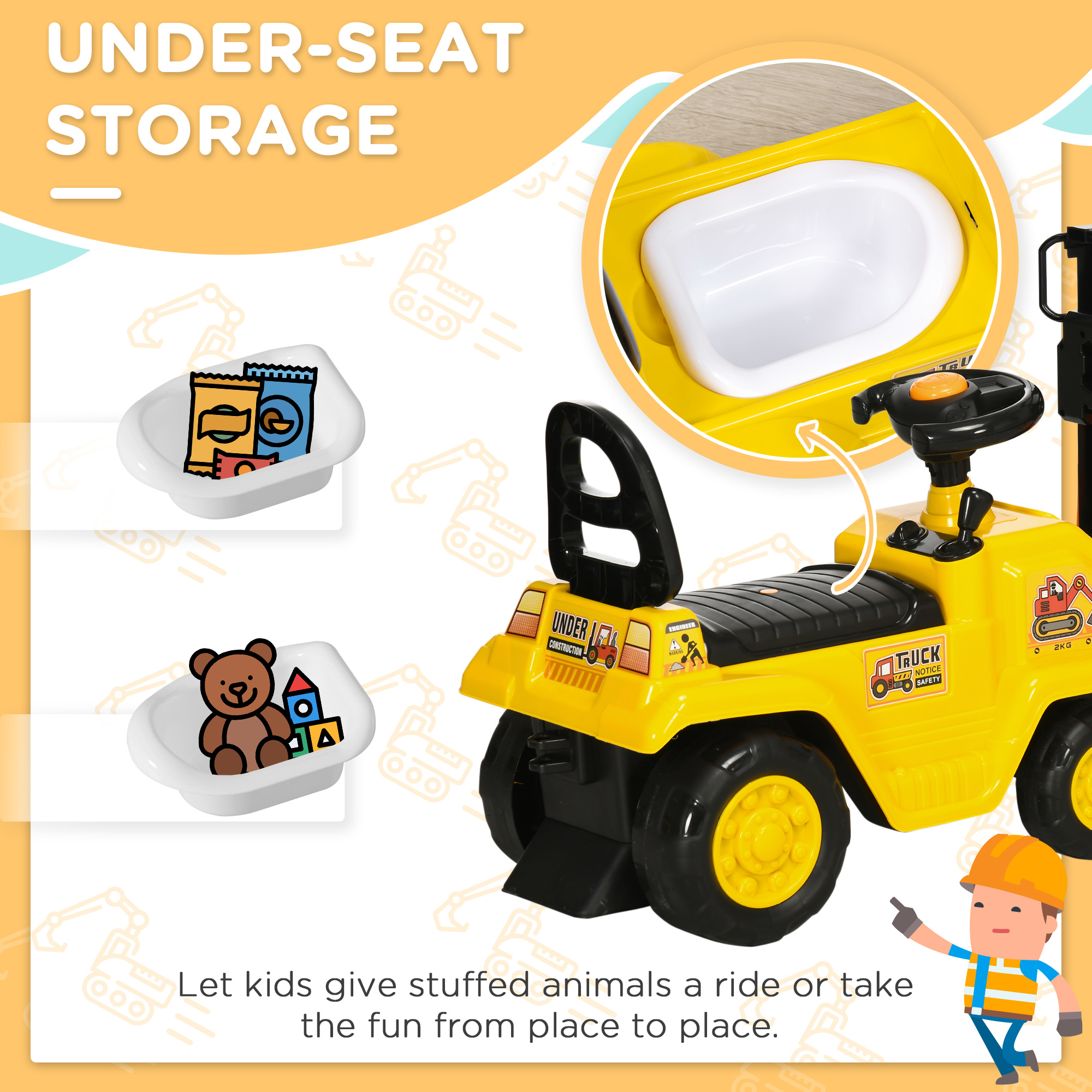 HOMCOM Kids Ride-On Construction Car, with Fork, Tray, Sounds Yellow 5