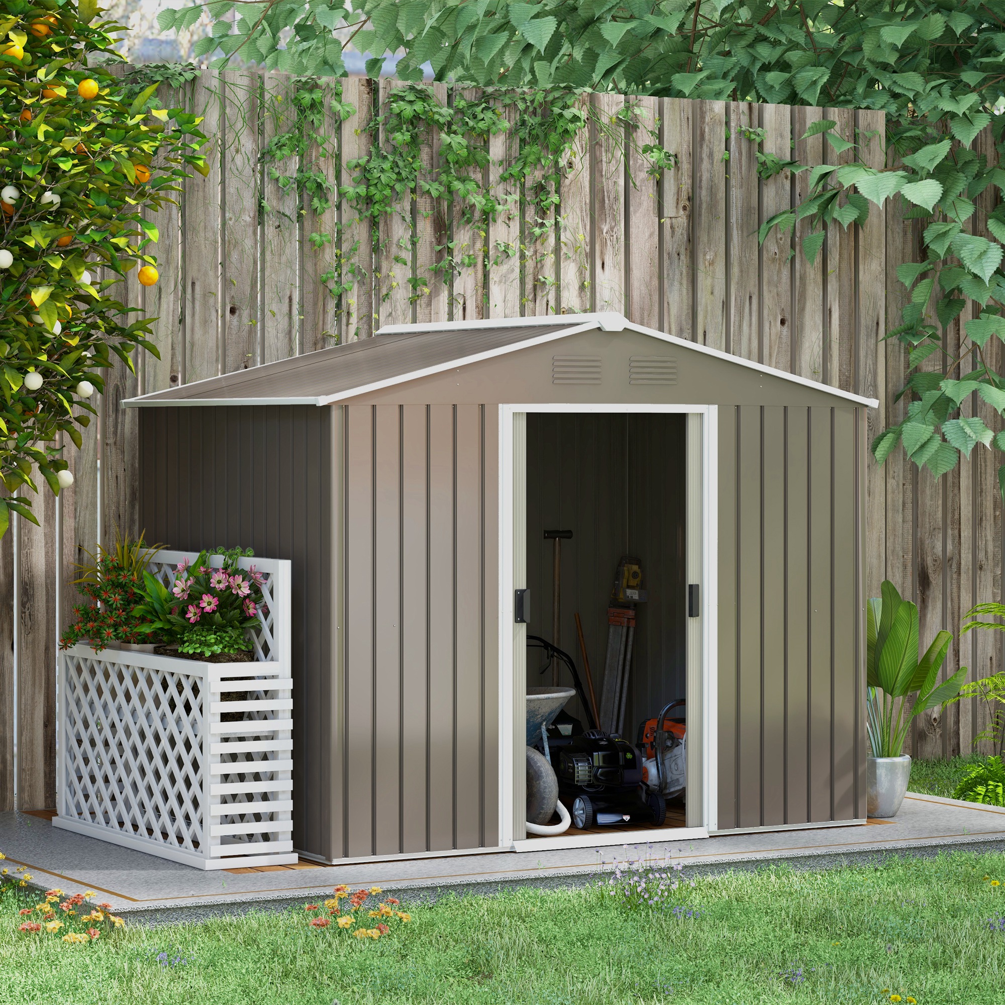 Outsunny 7.7 x 5.7ft Outdoor Garden Storage Shed, Metal Tool House with Ventilation and Sliding Doors, Light Grey 2
