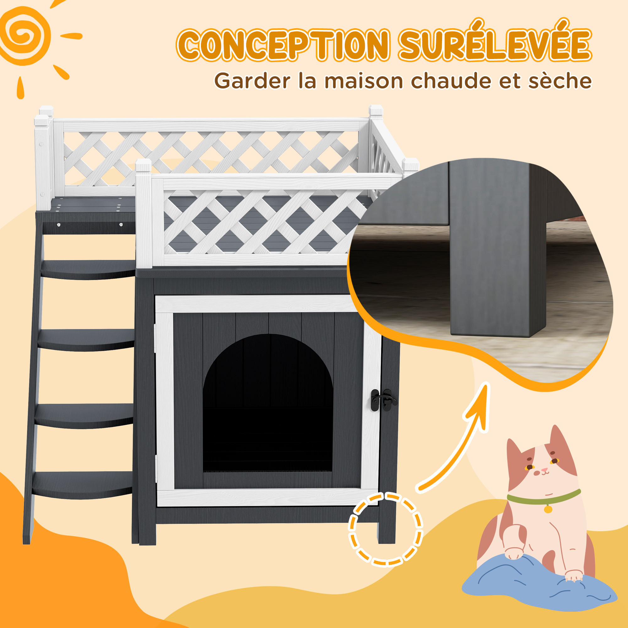 Maison pour Chat en Bois à 3 Étages, Niche pour Chats avec Griffoir en