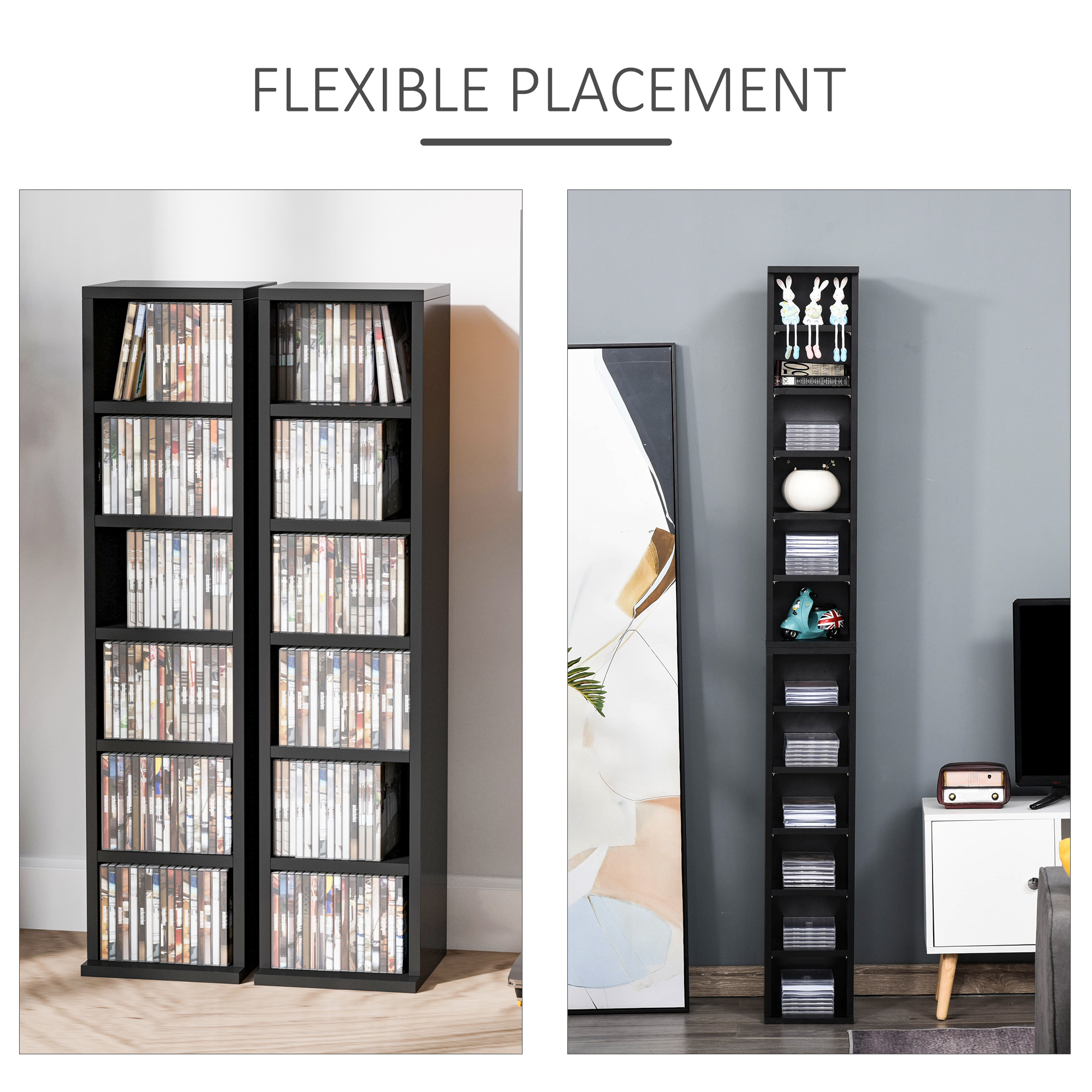 HOMCOM 204 CD Media Display Shelf Unit Set of 2 Blu-Ray Tower Rack w/ Adjustable Shelves Bookcase Storage Organiser, Black 5