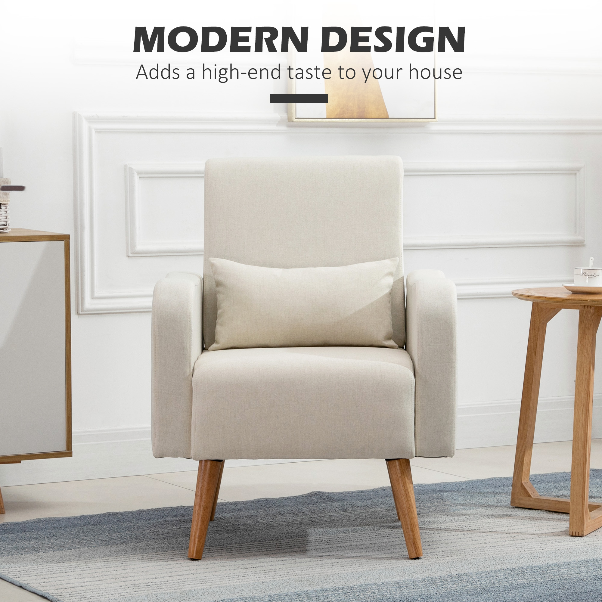 HOMCOM Accent Chair, Linen-Touch Armchair with Pillow, Upholstered Leisure Lounge Sofa for Living Room, Club Chair with Rubber Wooden Frame, Cream 6