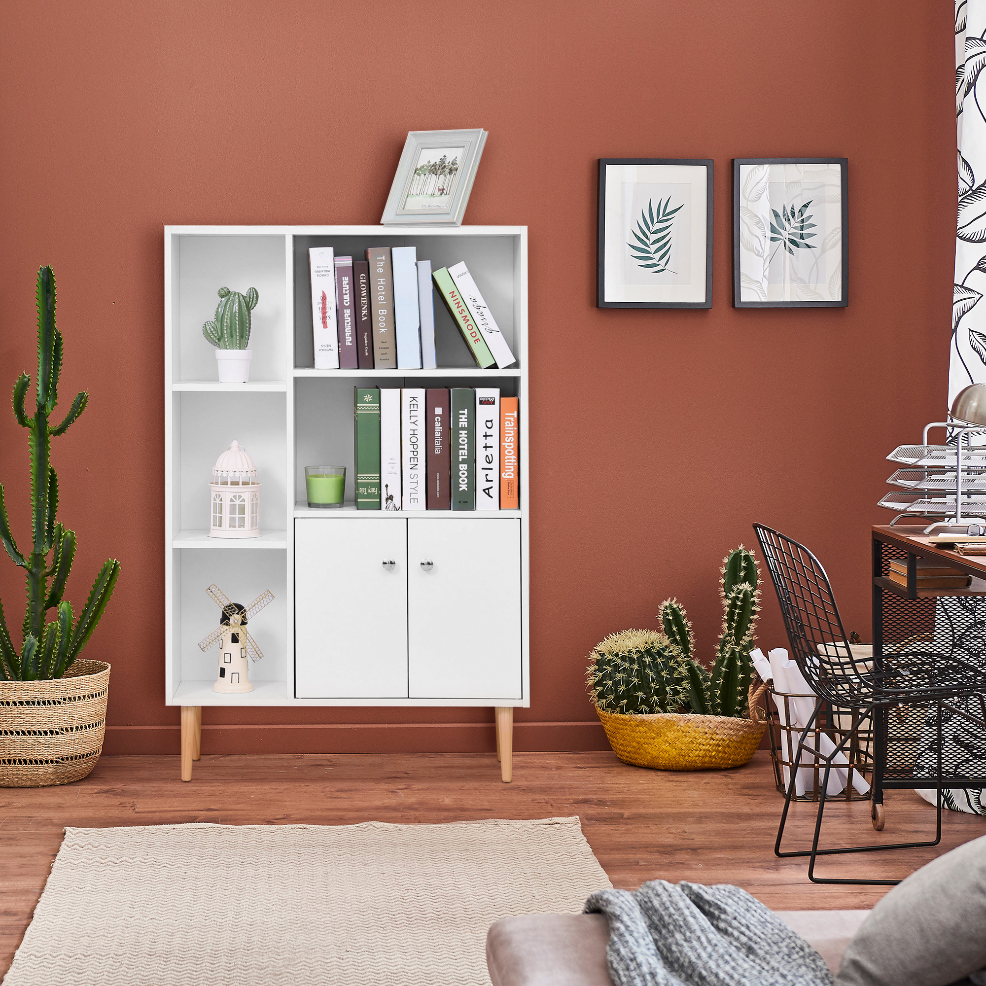 HOMCOM Sideboard Storage Cabinet Cupboard, Open Bookcase with 2 Doors 5 Compartments Wooden Modern Style for Living Room Bedroom Kitchen 80 x 23 x 123 cm, White 7