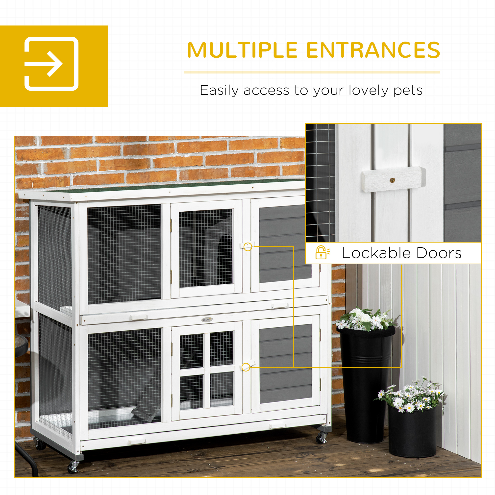 PawHut Wooden Rabbit Hutch, Two-Tier Guinea Pig Cage, with Removable Tray, Wheels 5