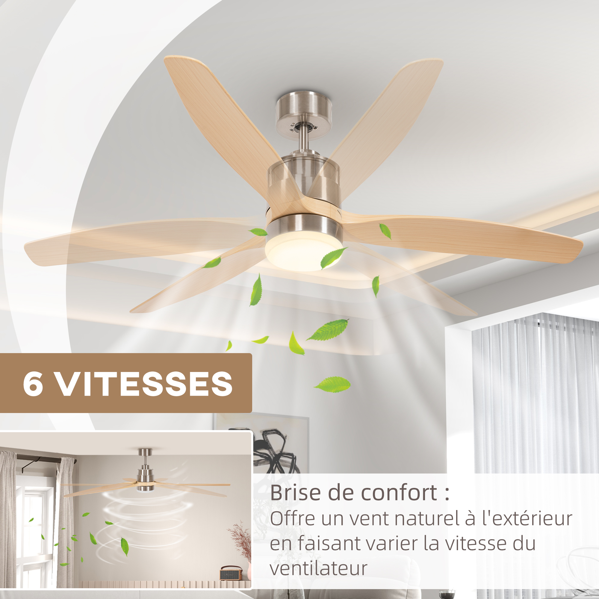 Ventilateur Plafonnier LED Avec Télécommande - 49cm, 6 Vitesses, Rotation 360° - Blanc - 75W - Silencieux - 12