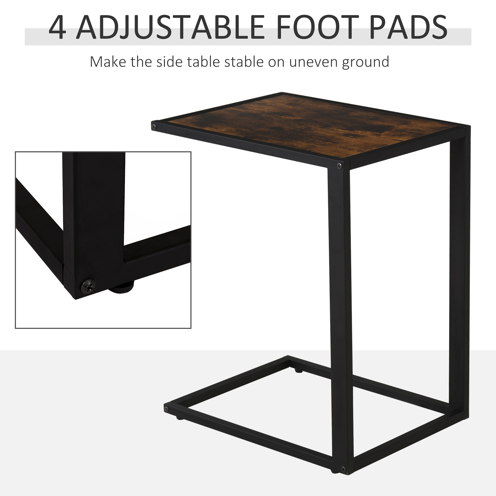 HOMCOM C-Shaped Side Table, Bedside Table with Metal Frame, Accent Sofa Couch Table for Living room, Bedroom, Brown and Black 6