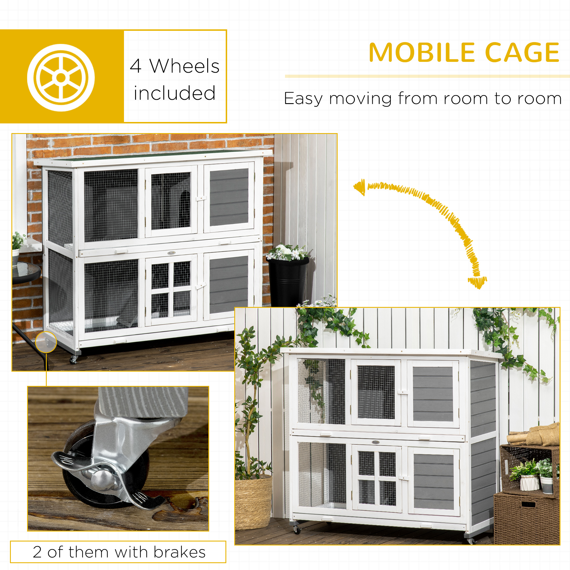 PawHut Wooden Rabbit Hutch, Two-Tier Guinea Pig Cage, with Removable Tray, Wheels 7
