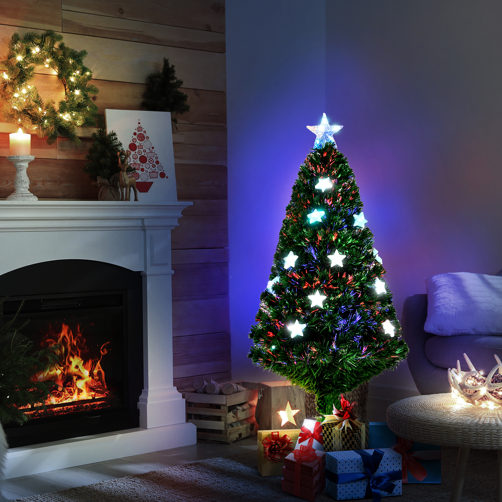 GYMAX Albero Di Natale 90 Cm Con Luci Fibre Ottiche LED A Fiocco Di Neve E Stella – 85 Rami Folti, Perfetto Per Casa, Ufficio O Negozio