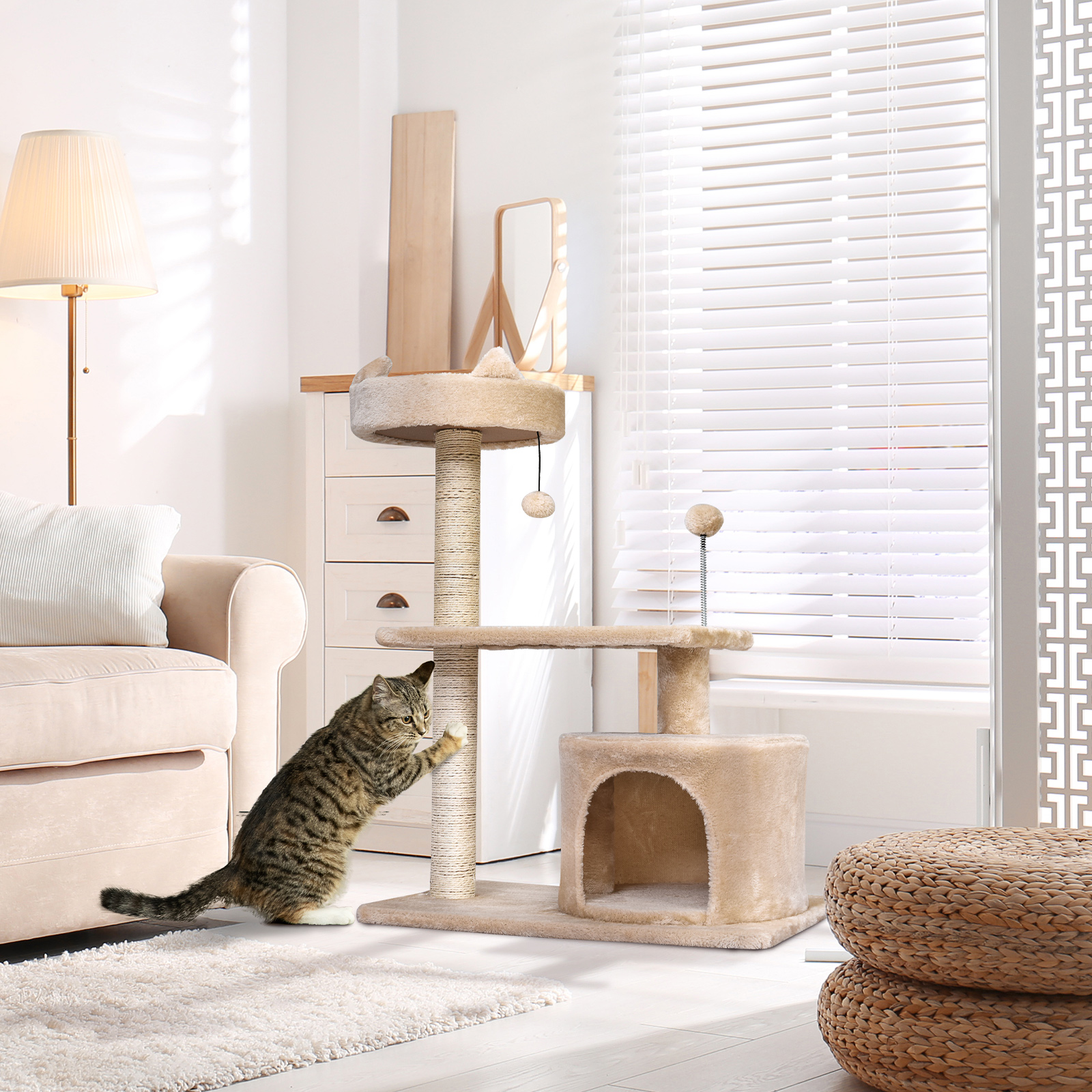 PawHut Cat Tree for Indoor Cats with Scratching Post Climbing Tower Kitty Activity Centre Condo Perch Jumping Platforms Beige 60L x 40W x 81H cm 2
